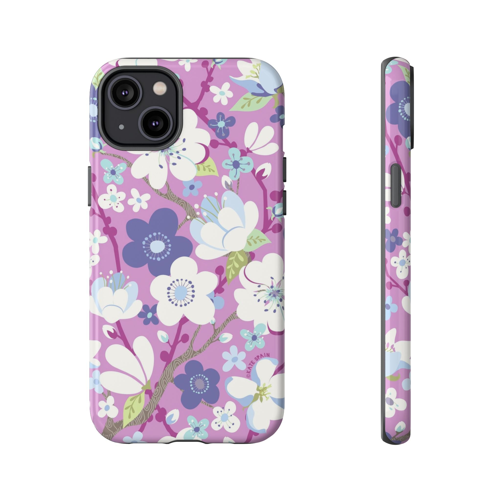 Luxury Cherry Blossom Tough iPhone 14 Plus Case – Glossy | mauve, purple, blue, white cherry blossom print