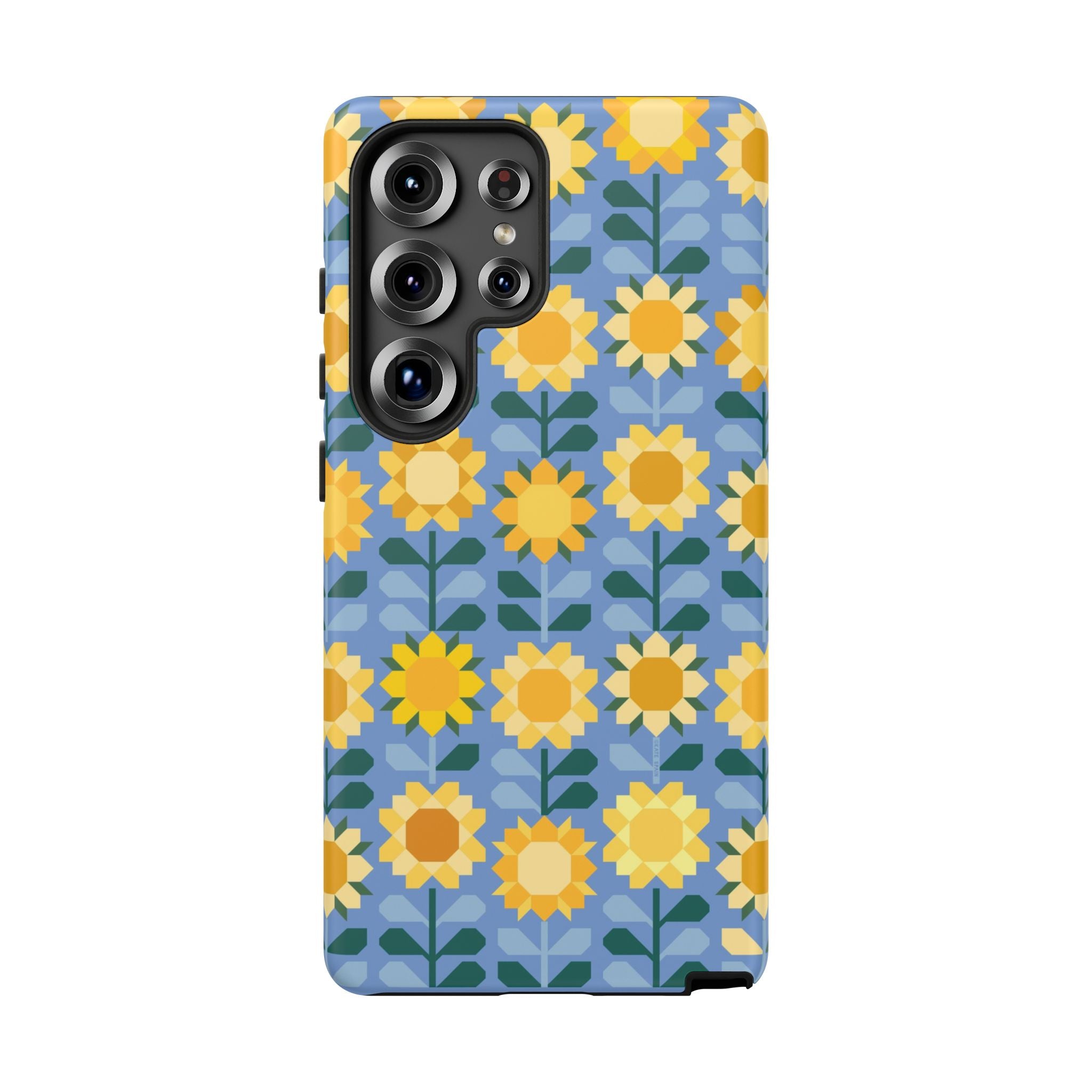 Luxury Sunflowers Samsung Galaxy S25 Ultra Case – Glossy | blue, yellow, gold geometric sunflower print