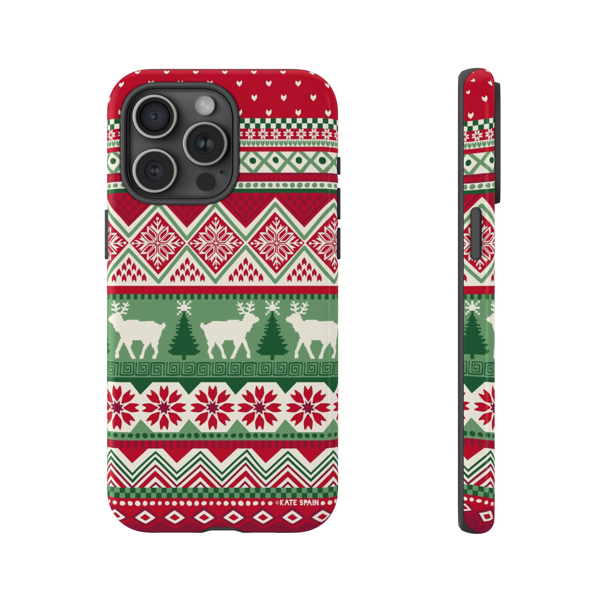 Telemark Tough iPhone 15 Pro Max Case – Glossy | red, green, cream fair isle reindeer Nordic print