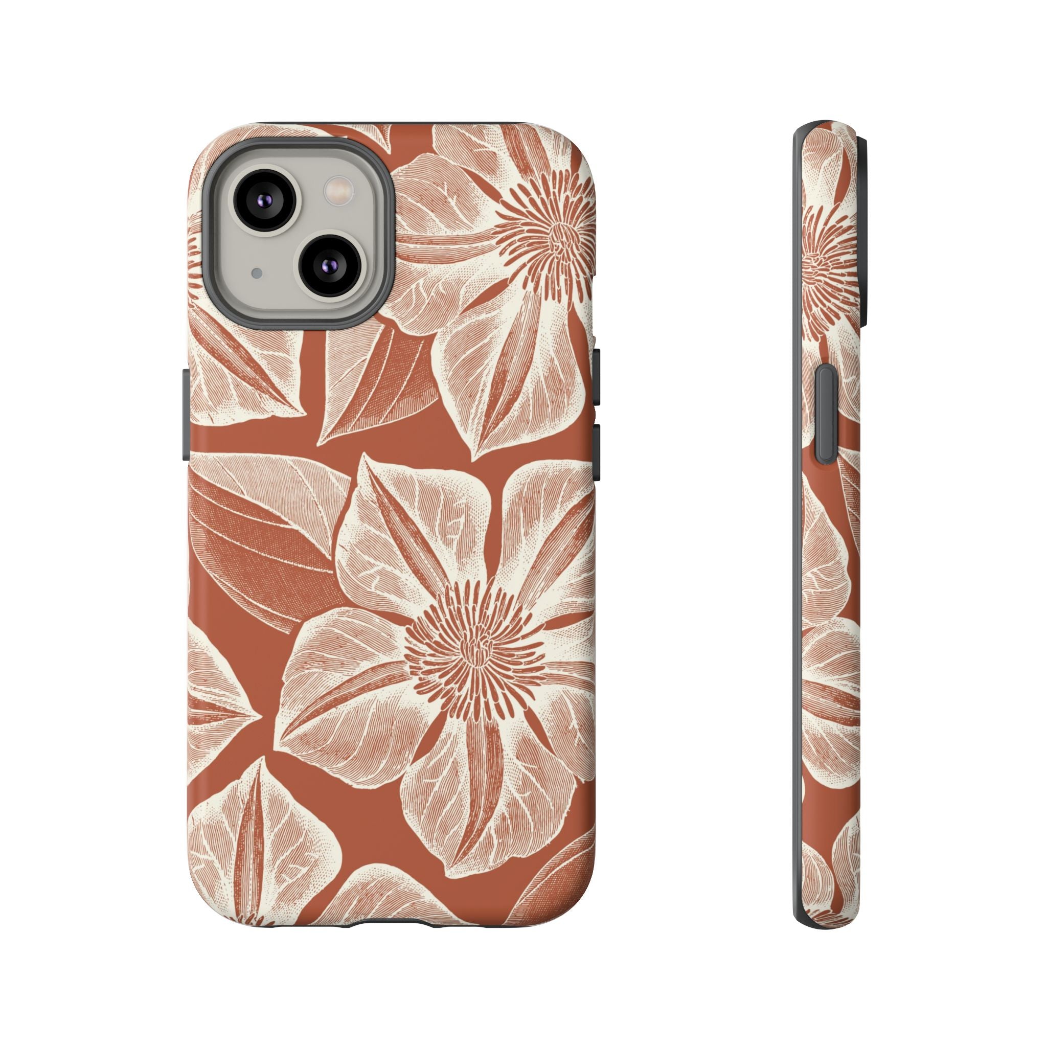 Vintage Bloom Sienna iPhone 14 case – Matte | sienna ground, large-scale cream clematis print, engraved petal detail, dual-layer protection