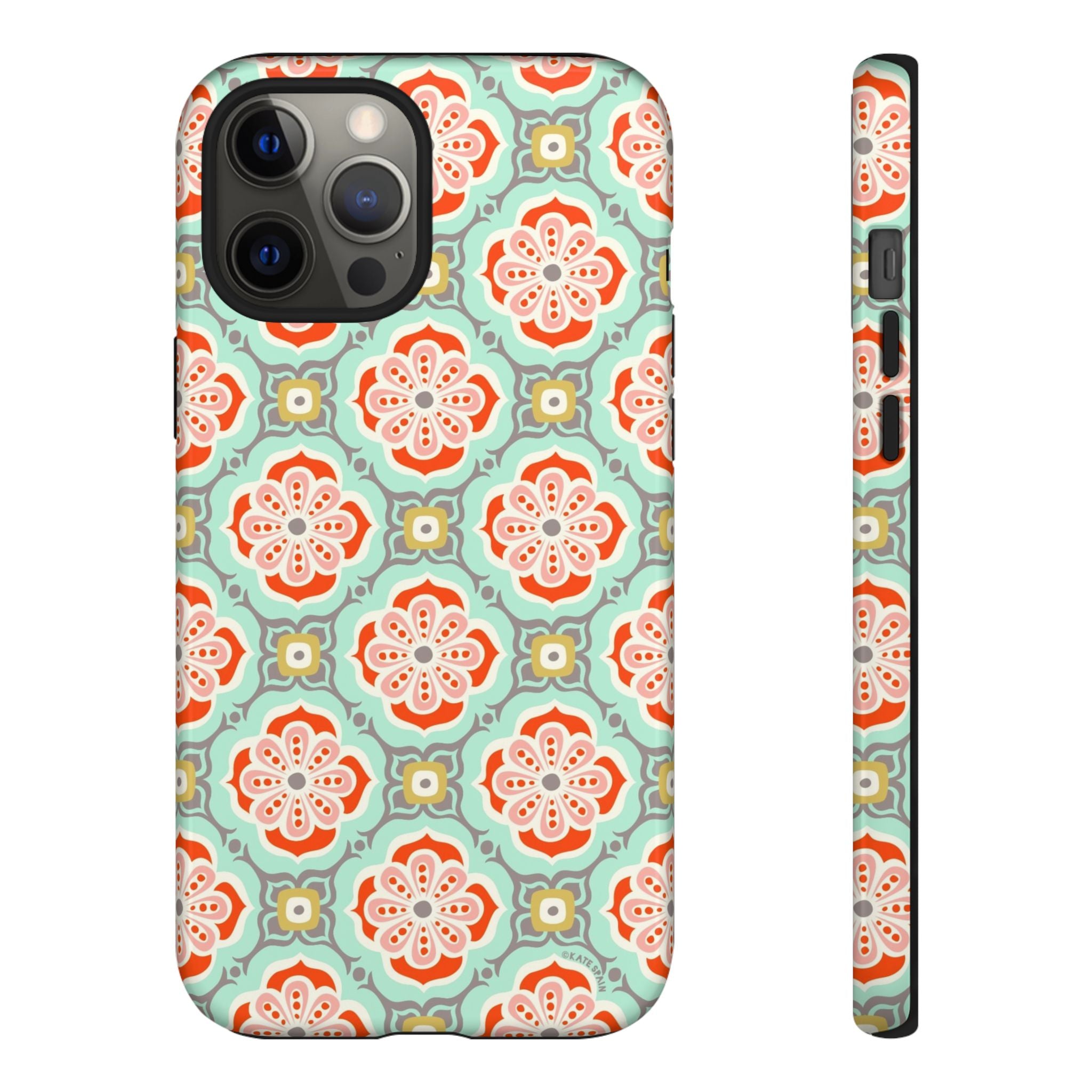 Alhambra Tough iPhone 12 Pro Max Case – Glossy | aqua, coral, blush geometric medallion floral print
