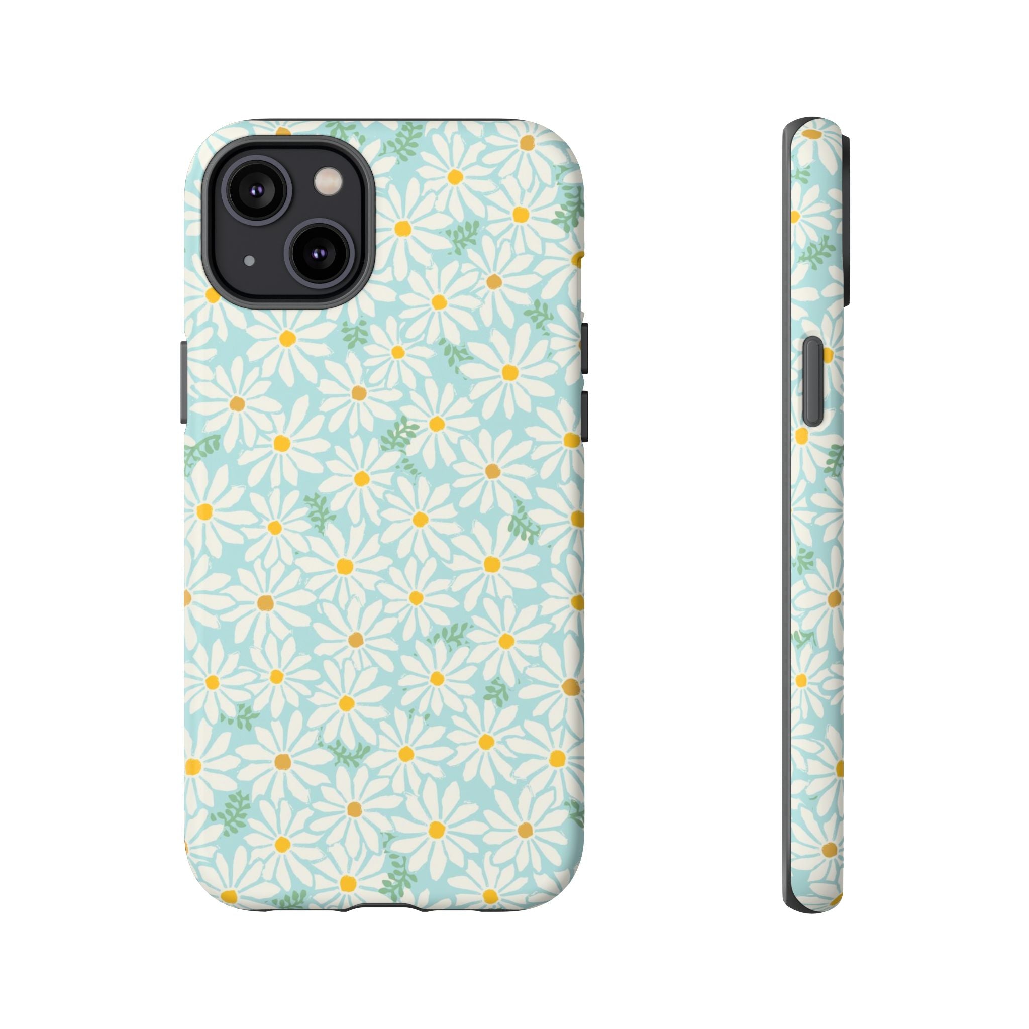 Daisies Tough iPhone 14 Plus Case – Matte | sky blue, white daisy print, golden yellow centers, mint green leaves dual-layer protection
