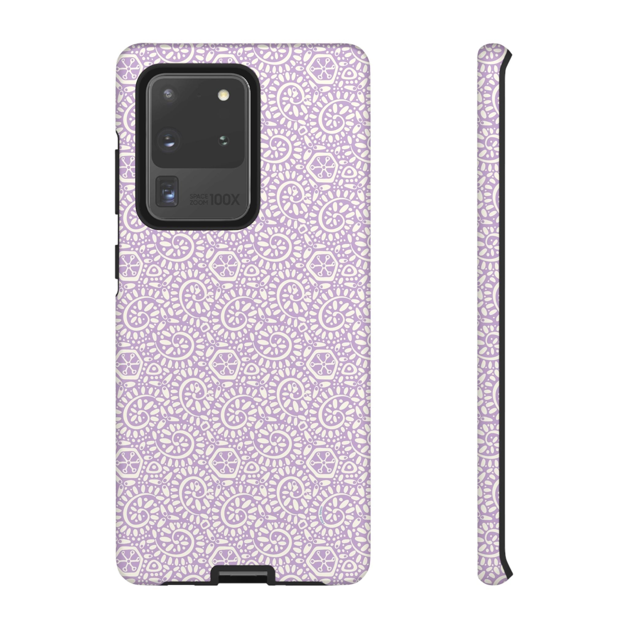 Canto Swirls Lavender Samsung Galaxy S20 Ultra Matte Case — lavender hard case covered in an intricate folk-art medallion pattern of radiating circular motifs, dot clusters, and geometric centers
