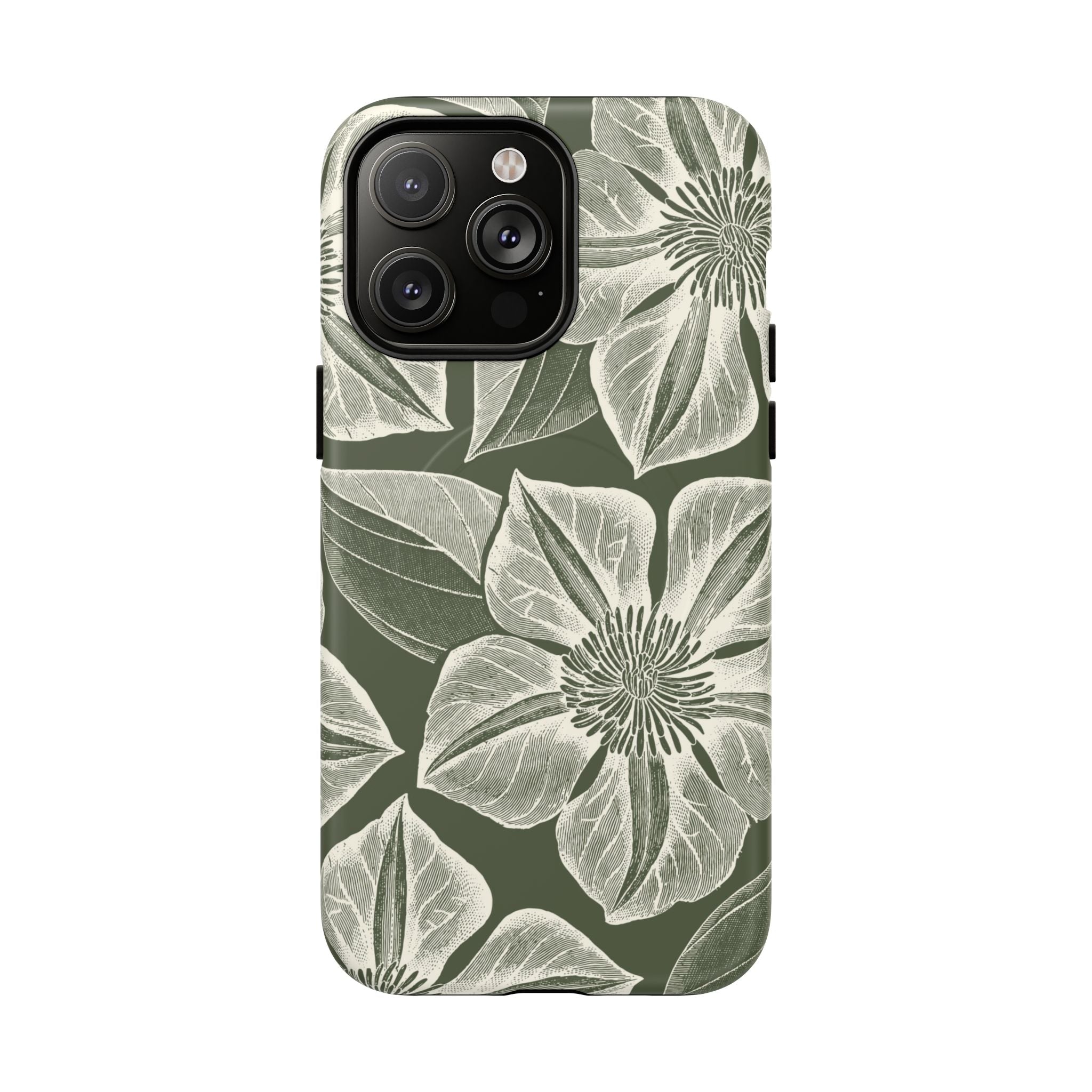 Vintage Bloom Cypress MagSafe iPhone 14 Pro Max – Matte | cypress green ground, large-scale white clematis print, engraved petal detail, dual-layer protection