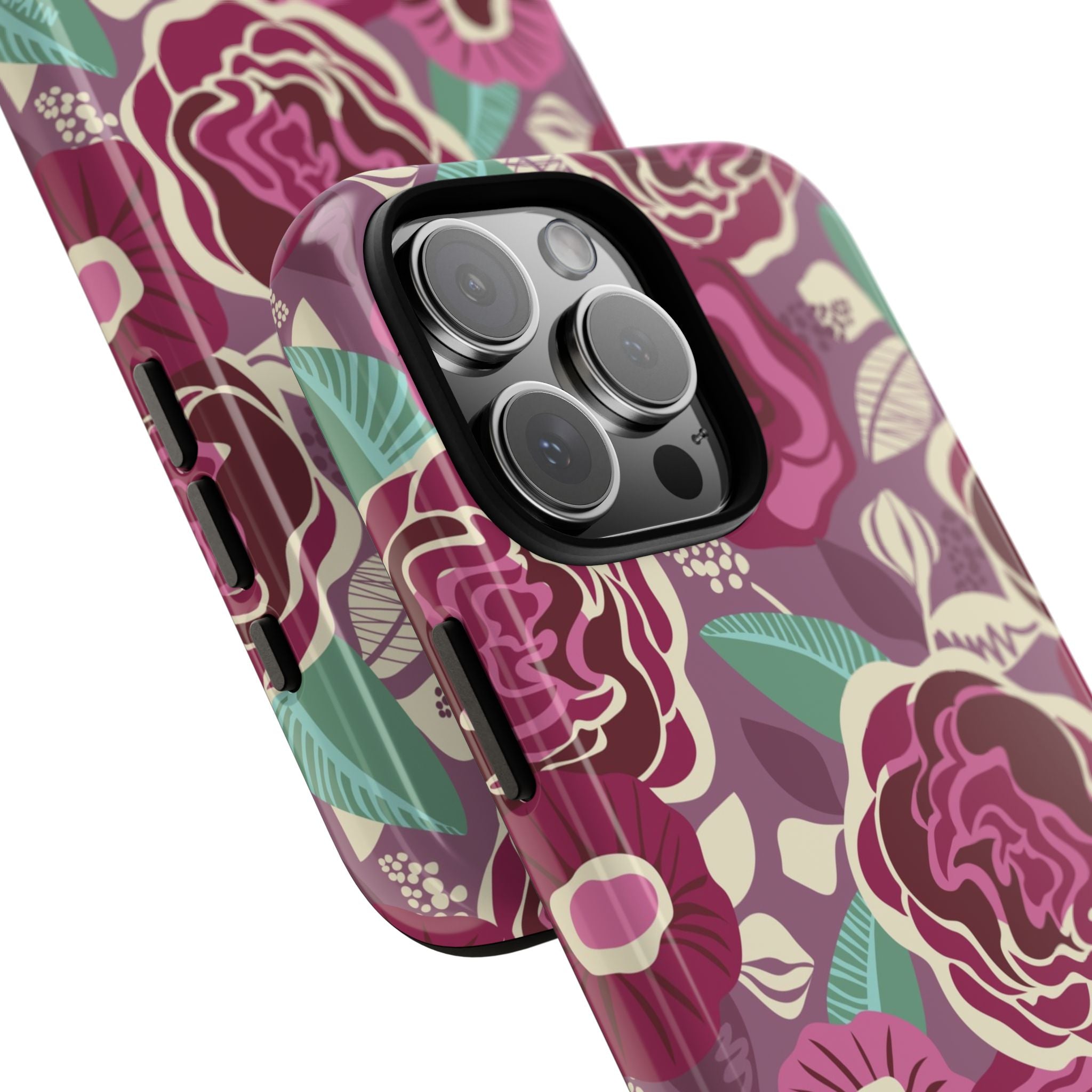 Tea Rose Burgundy Tough iPhone 16 Pro Max Case – lifestyle angled shot | burgundy, magenta, plum botanical rose floral print