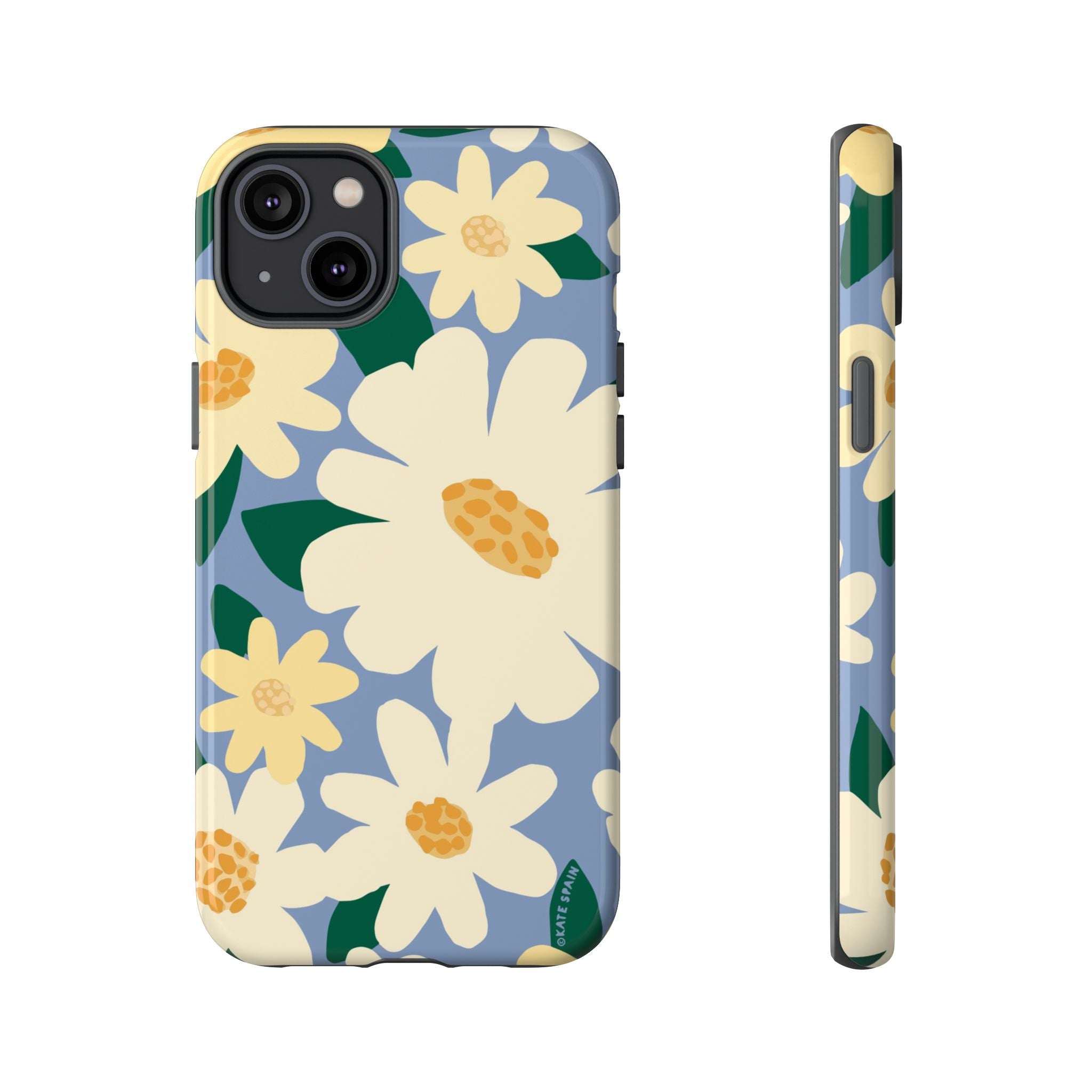 Chamomile Tough iPhone 14 Plus Case – Glossy | periwinkle, cream, yellow botanical daisy floral print