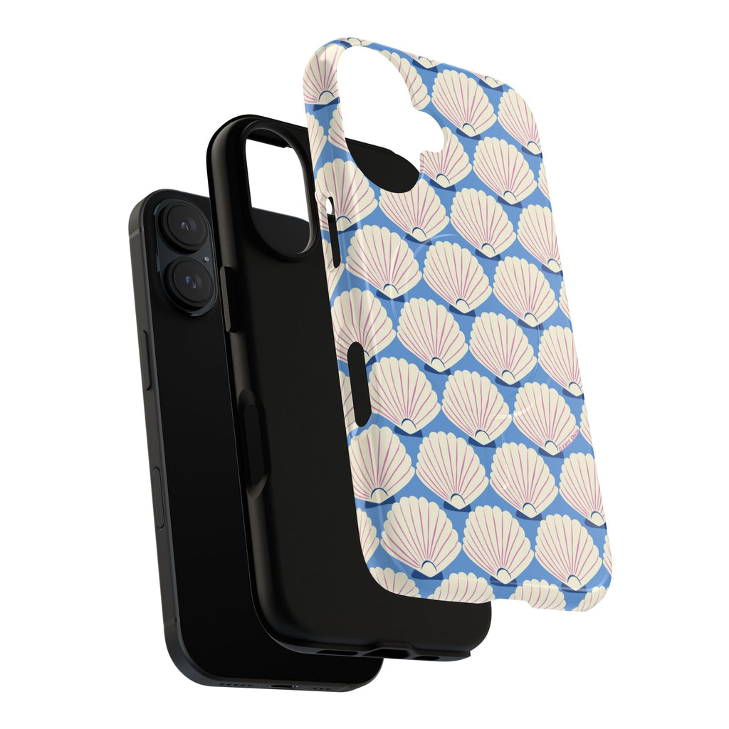 Seashells MagSafe iPhone 17 Case – Dual-layered view of case and inner lining in front of phone, with view of camera cutout and buttons | periwinkle, cream, blush scallop shell print