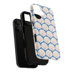 Seashells MagSafe iPhone 17 Case – Dual-layered view of case and inner lining in front of phone, with view of camera cutout and buttons | periwinkle, cream, blush scallop shell print
