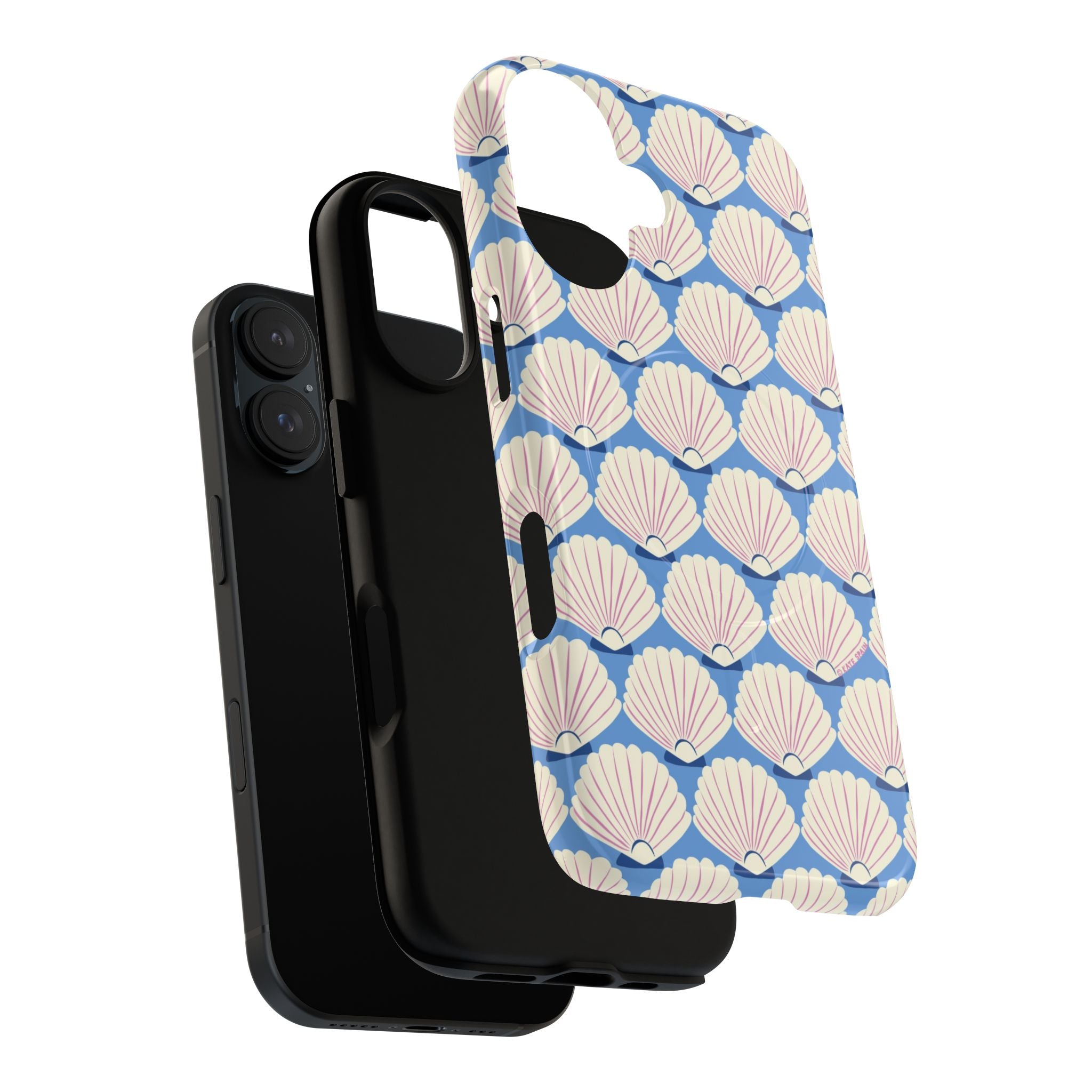 Seashells MagSafe iPhone 17 Case – Dual-layered view of case and inner lining in front of phone, with view of camera cutout and buttons | periwinkle, cream, blush scallop shell print