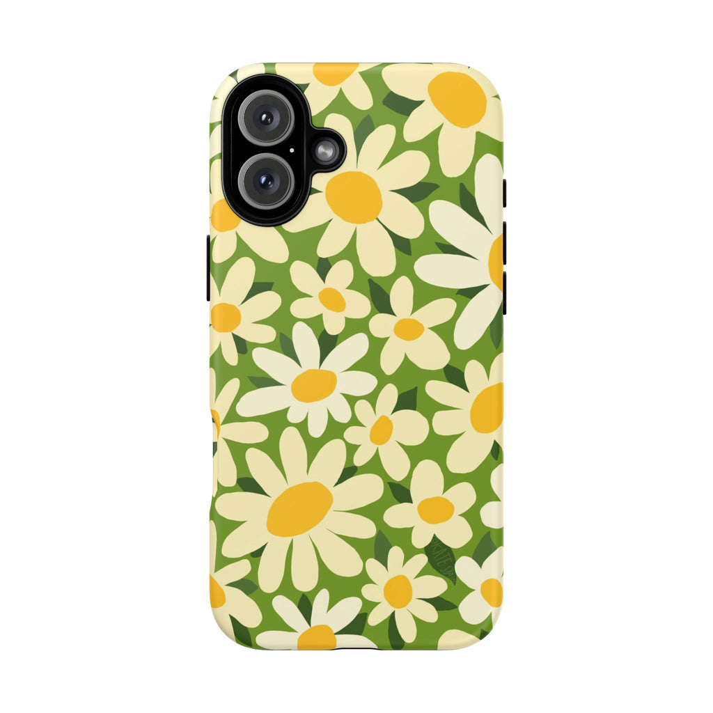 Shasta Daisy Tough iPhone 16 Plus Case – Matte | green, white, yellow daisy floral print