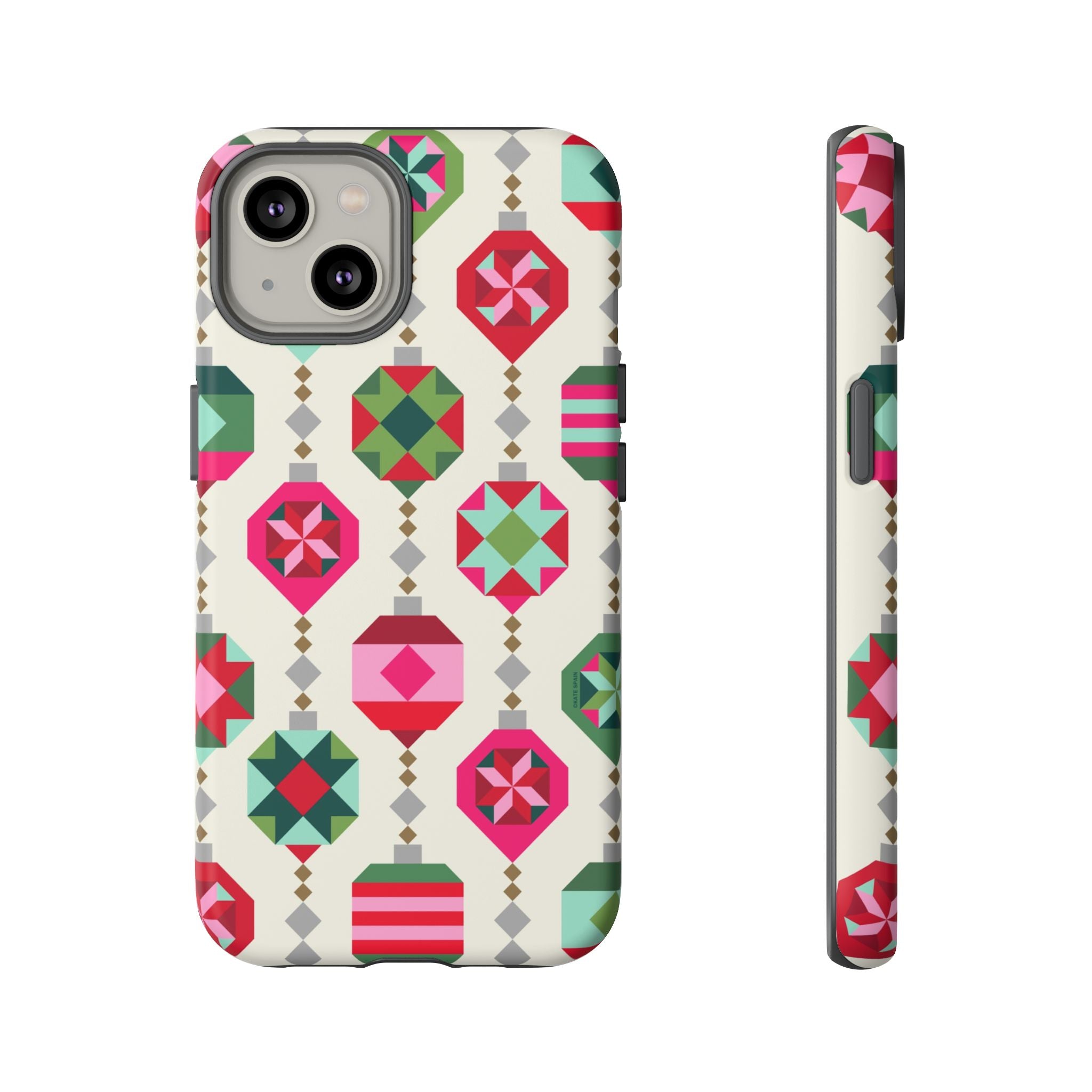 Felicity Ornaments Tough iPhone 14 Case – Matte | cream, red, pink, green, mint geometric quilted ornament print