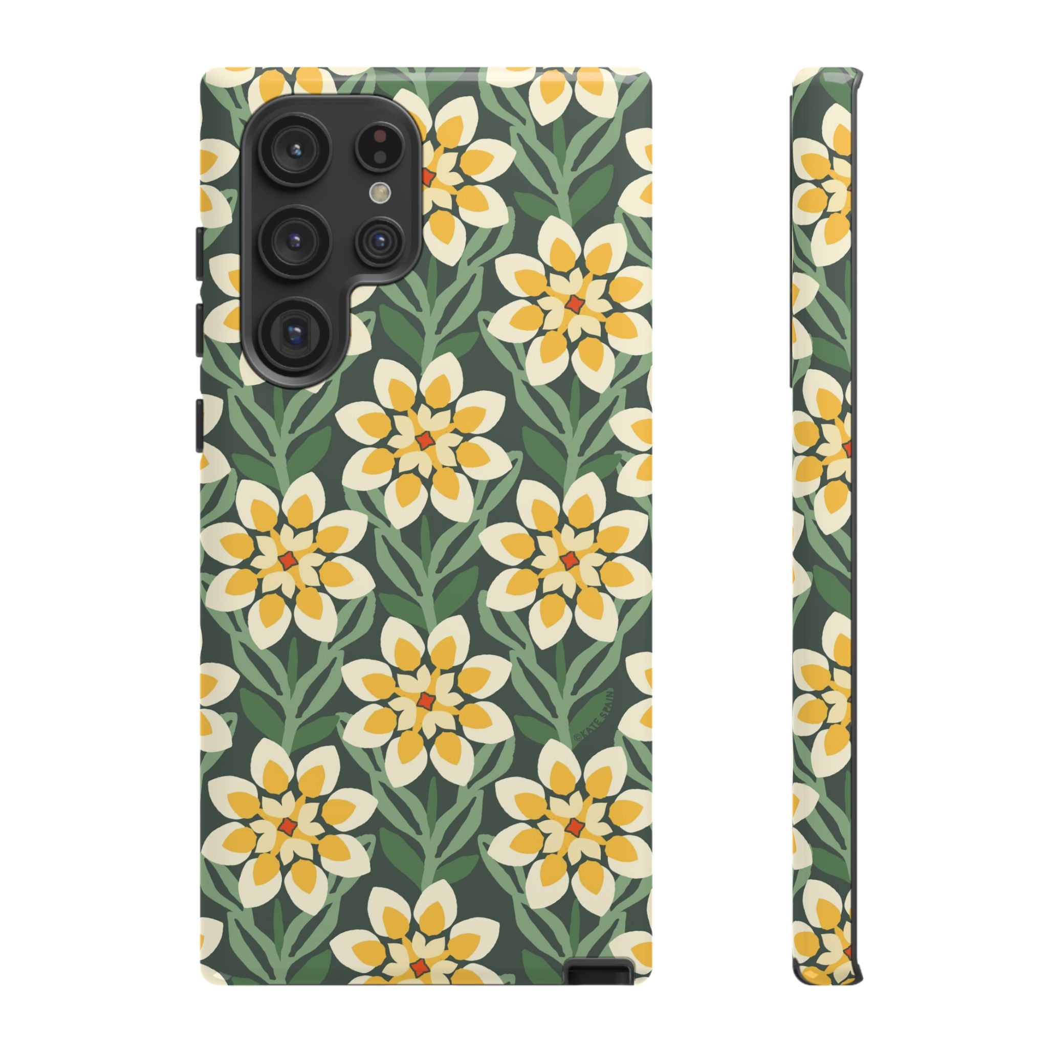 Luxury Modern Dahlia Samsung Galaxy S22 Ultra Case – Glossy | forest green, yellow, cream modern dahlia print