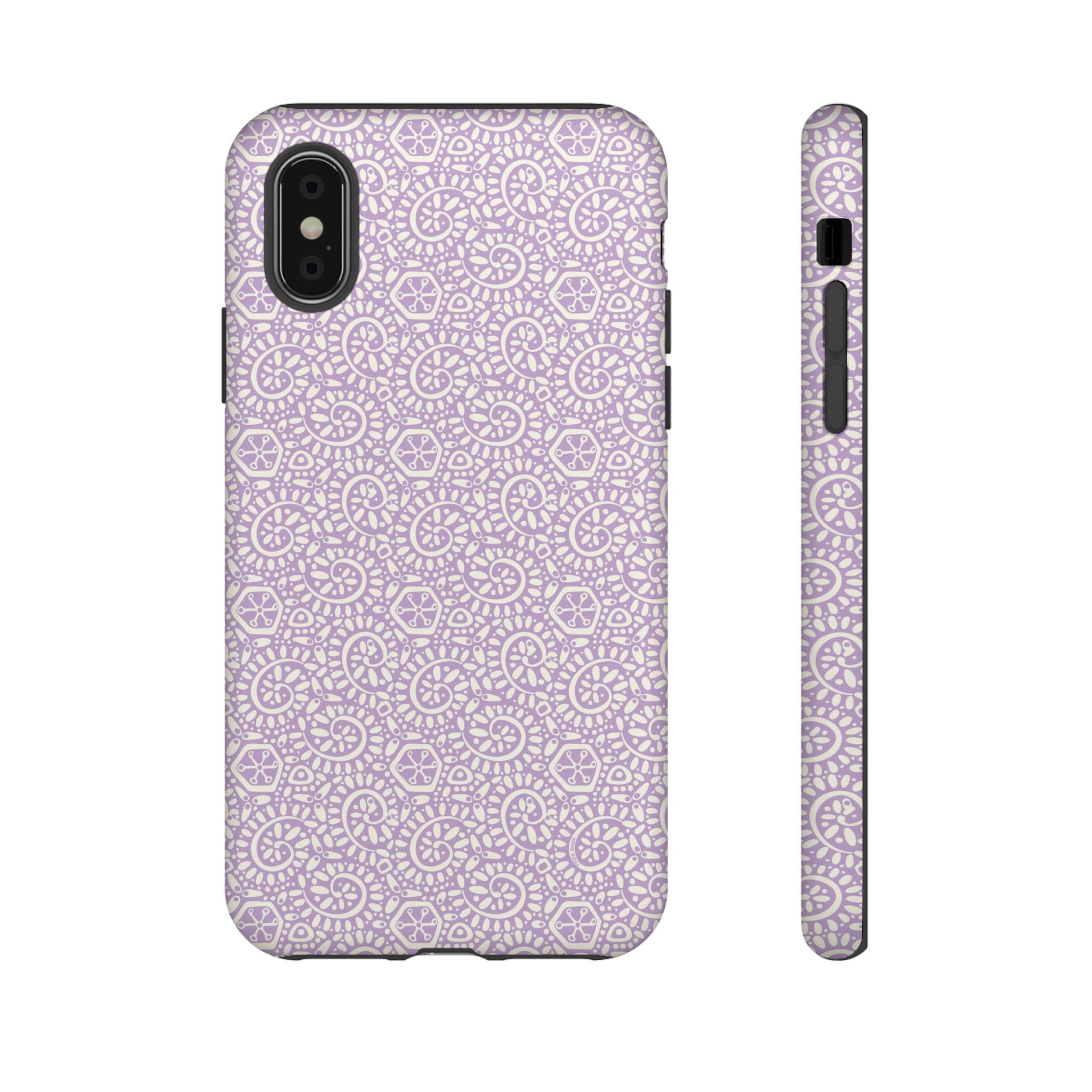 Canto Swirls Lavender iPhone X Matte Case — lavender hard case covered in an intricate folk-art medallion pattern of radiating circular motifs, dot clusters, and geometric centers
