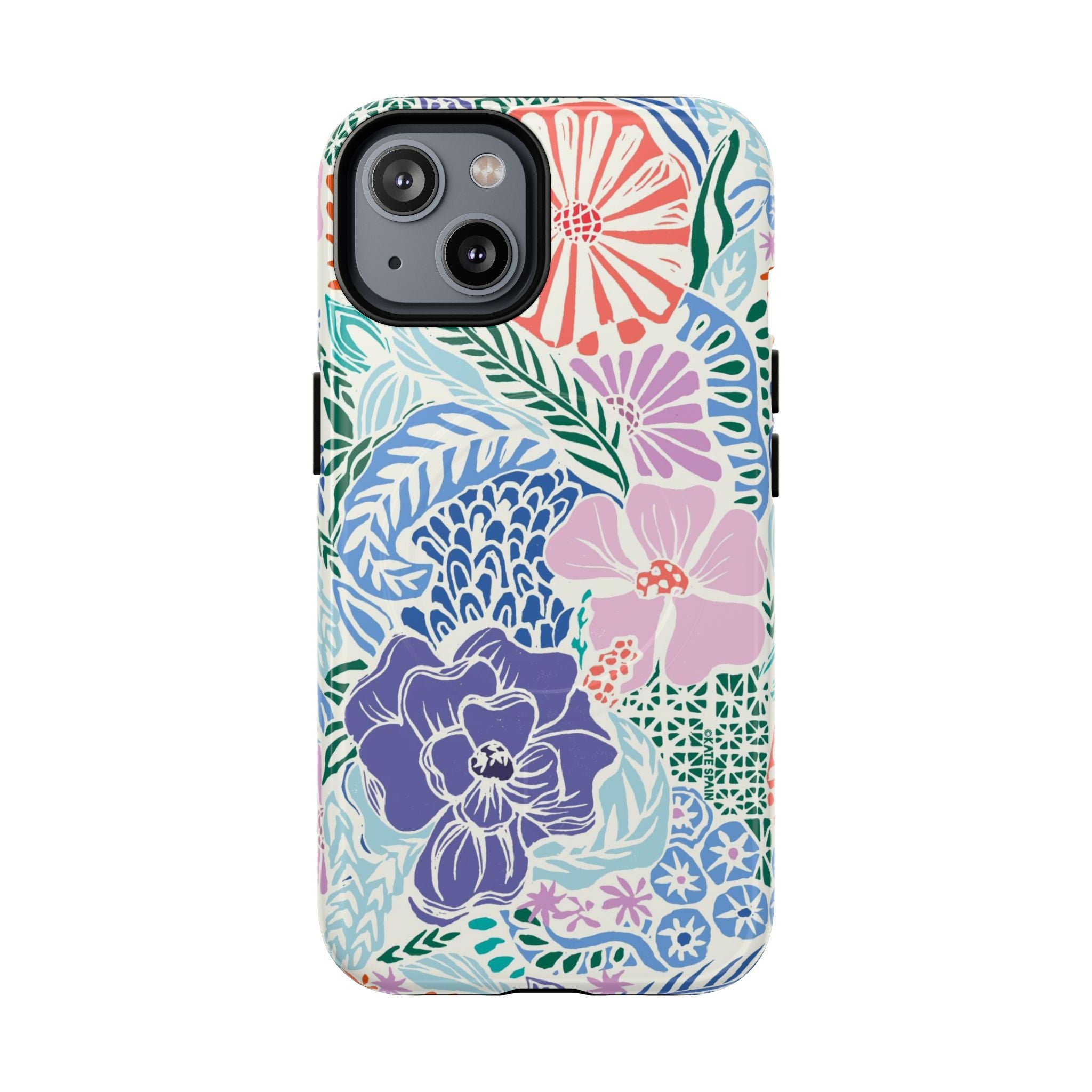 Tropica MagSafe iPhone 14 Case – Glossy | purple, coral, pink, blue botanical tropical floral print