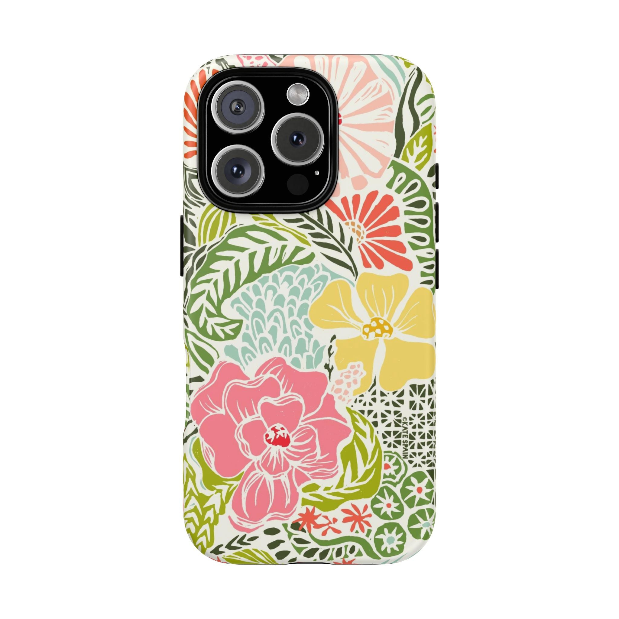 Tropica Tough iPhone 16 Pro Case – Glossy | cream, pink, yellow, blue botanical floral print