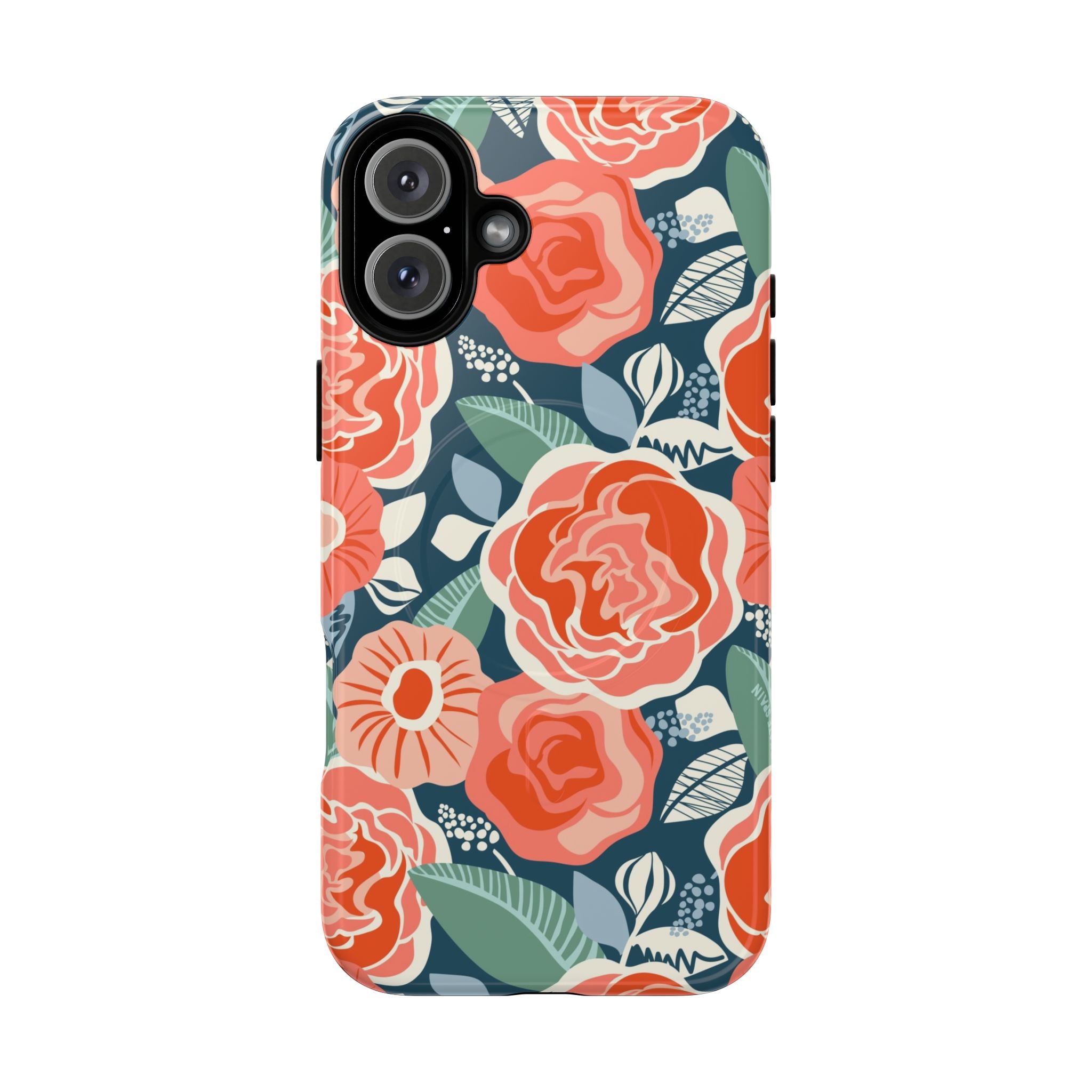 Luxury Tea Rose Navy MagSafe iPhone 16 Plus Case – Glossy | navy, coral, peach botanical rose floral print