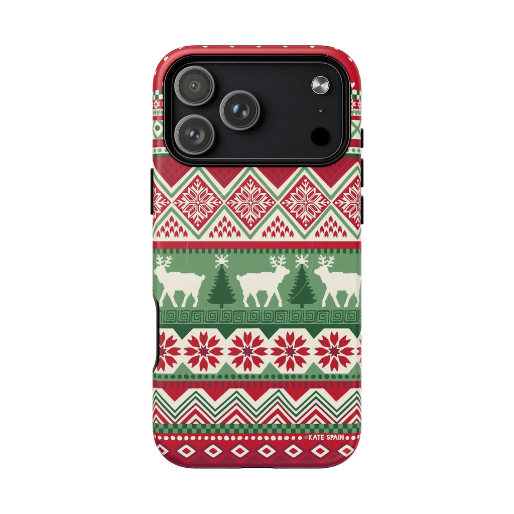Telemark MagSafe iPhone 17 Pro Max Case – Matte | red, green, and cream fair isle Christmas sweater print with snowflakes, reindeer, and trees