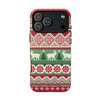 Telemark MagSafe iPhone 17 Pro Max Case – Matte | red, green, and cream fair isle Christmas sweater print with snowflakes, reindeer, and trees