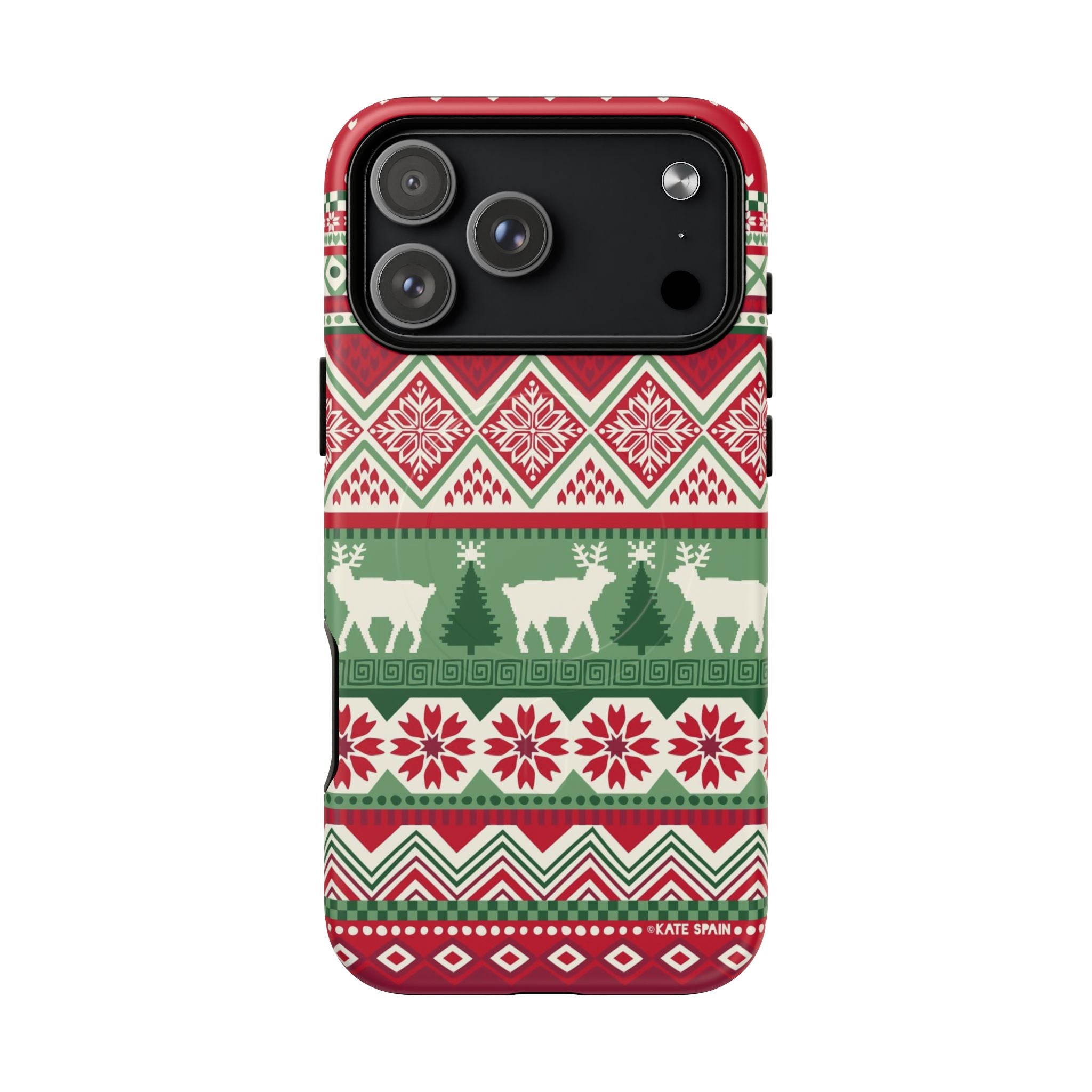 Telemark MagSafe iPhone 17 Pro Max Case – Matte | red, green, and cream fair isle Christmas sweater print with snowflakes, reindeer, and trees