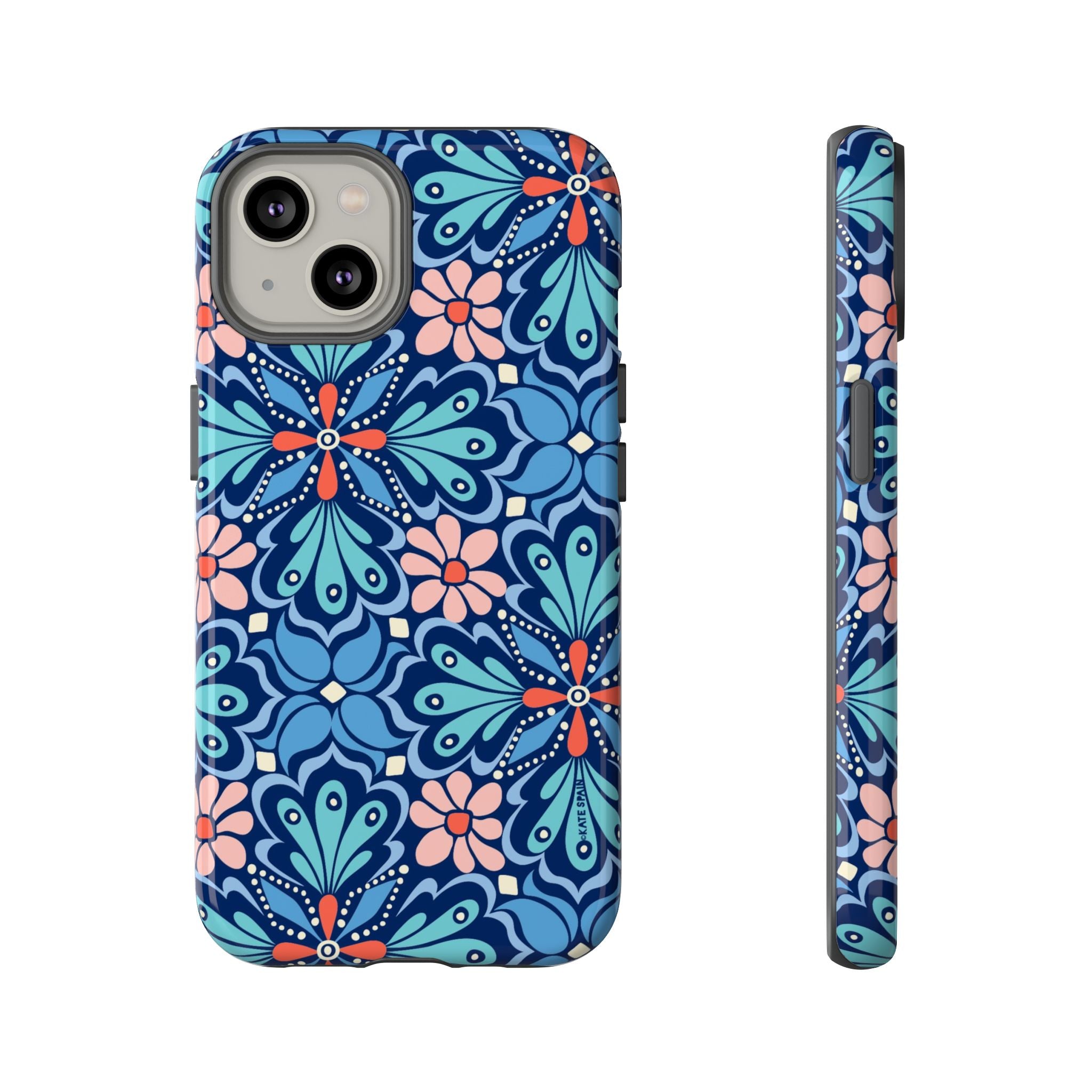 Bolero Tough iPhone 14 Case – Glossy | navy, cobalt, blush geometric medallion floral print