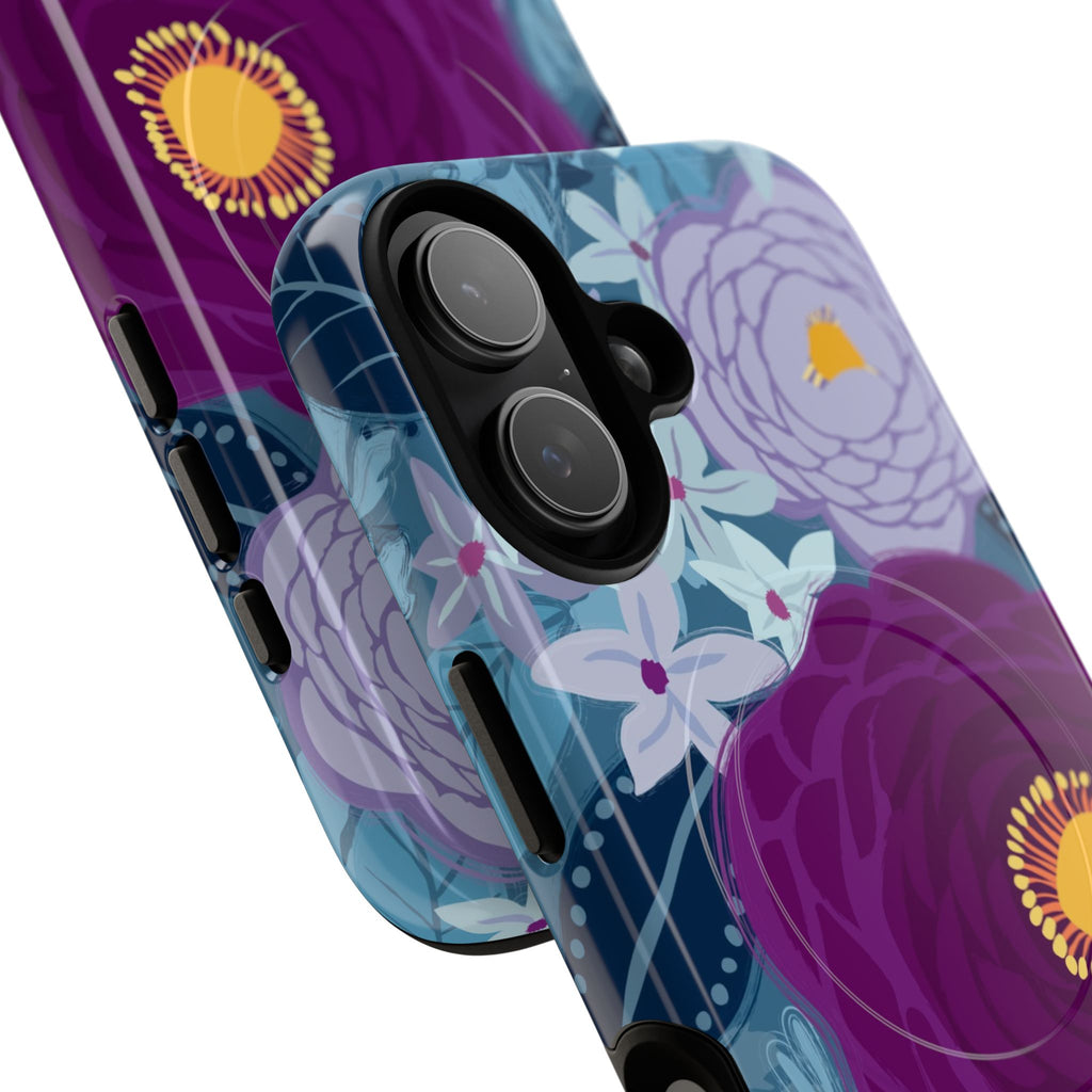 Bloomerie Violet MagSafe iPhone 16 Pro Max Case – Glossy | navy, purple, magenta botanical peony floral print | angled view closeup of camera cutout and buttons