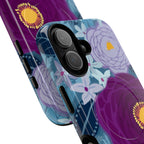 Bloomerie Violet MagSafe iPhone 16 Pro Max Case – Glossy | navy, purple, magenta botanical peony floral print | angled view closeup of camera cutout and buttons