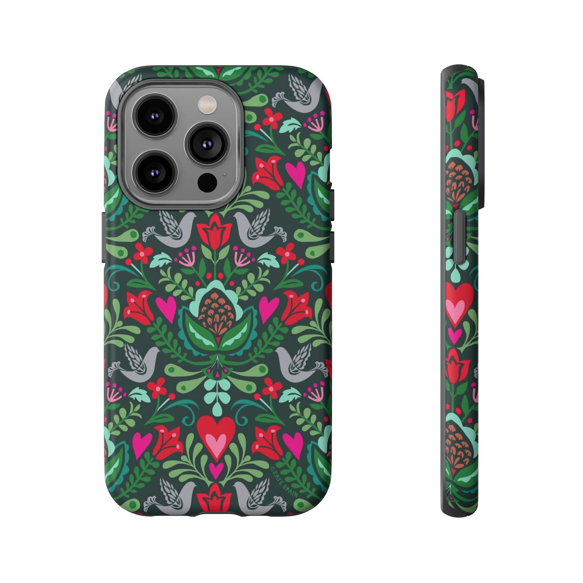 Rosemaling Tough iPhone 14 Pro Case – Matte | dark green, red, pink, gray folk art floral bird print