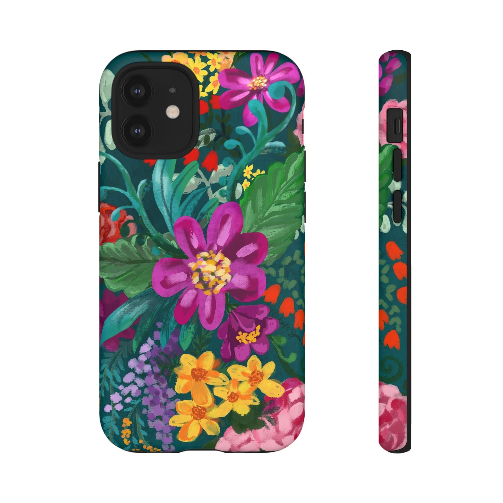 Posy Tough iPhone 12 Mini Case – Matte | teal, purple, magenta, yellow botanical wildflower print