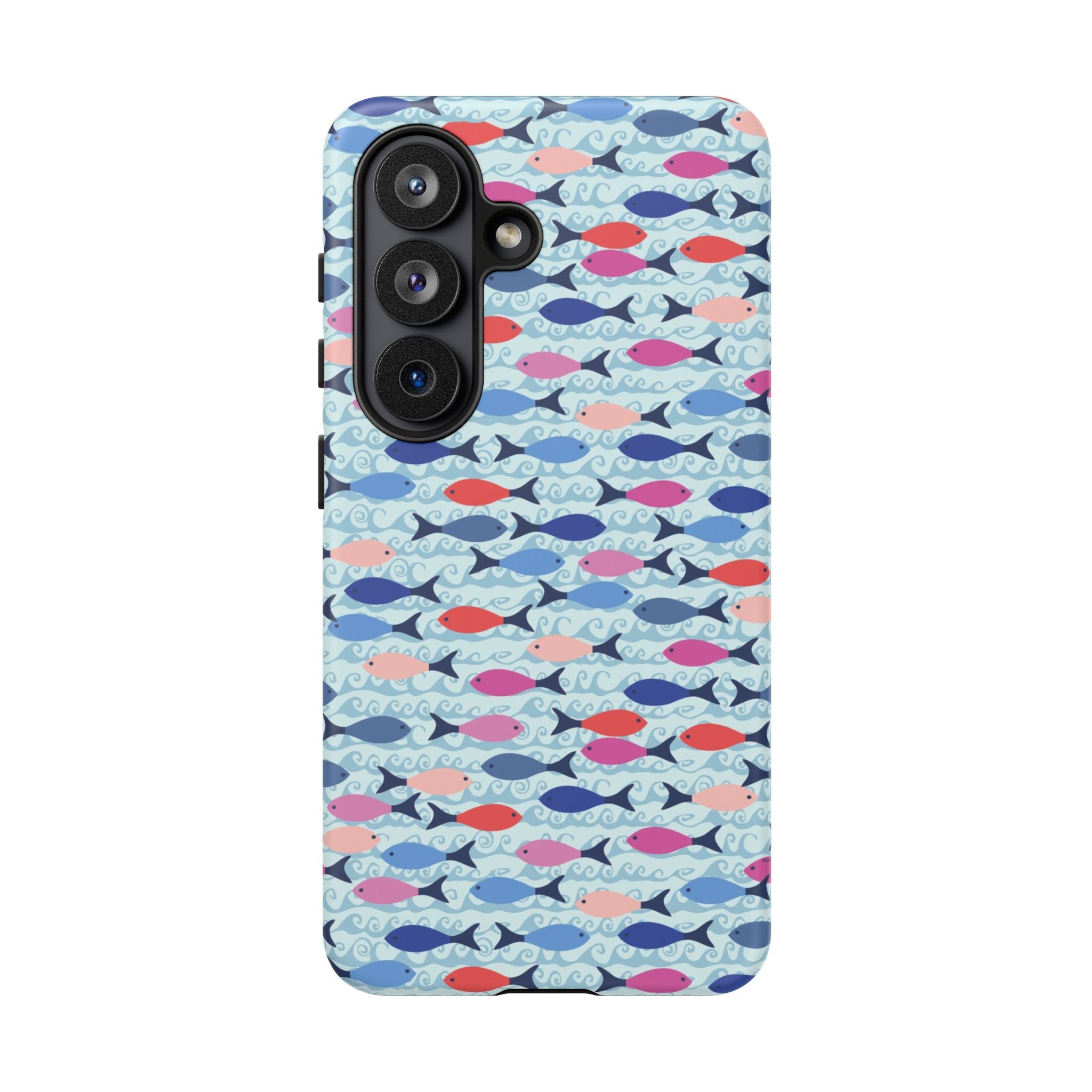 Summer Minnows Samsung Galaxy S26 Case – Matte | navy, coral, pink, and periwinkle fish on a pale aqua ground
