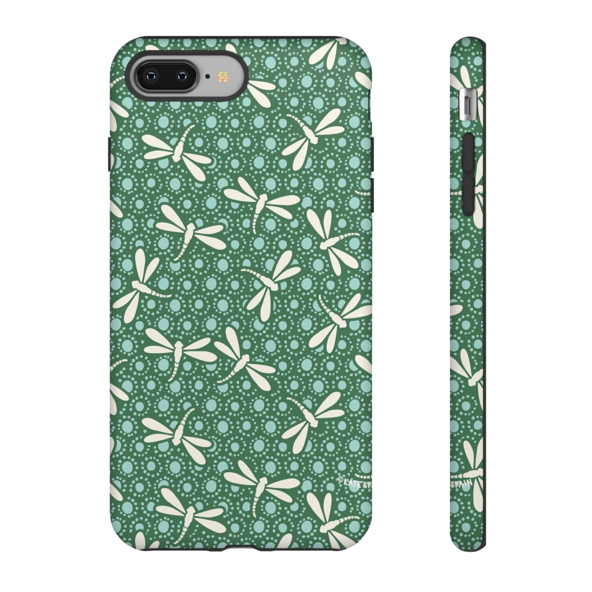Designer Dragonfly Tough iPhone 8 Plus Case – Matte | jade green, aqua, cream dragonfly print