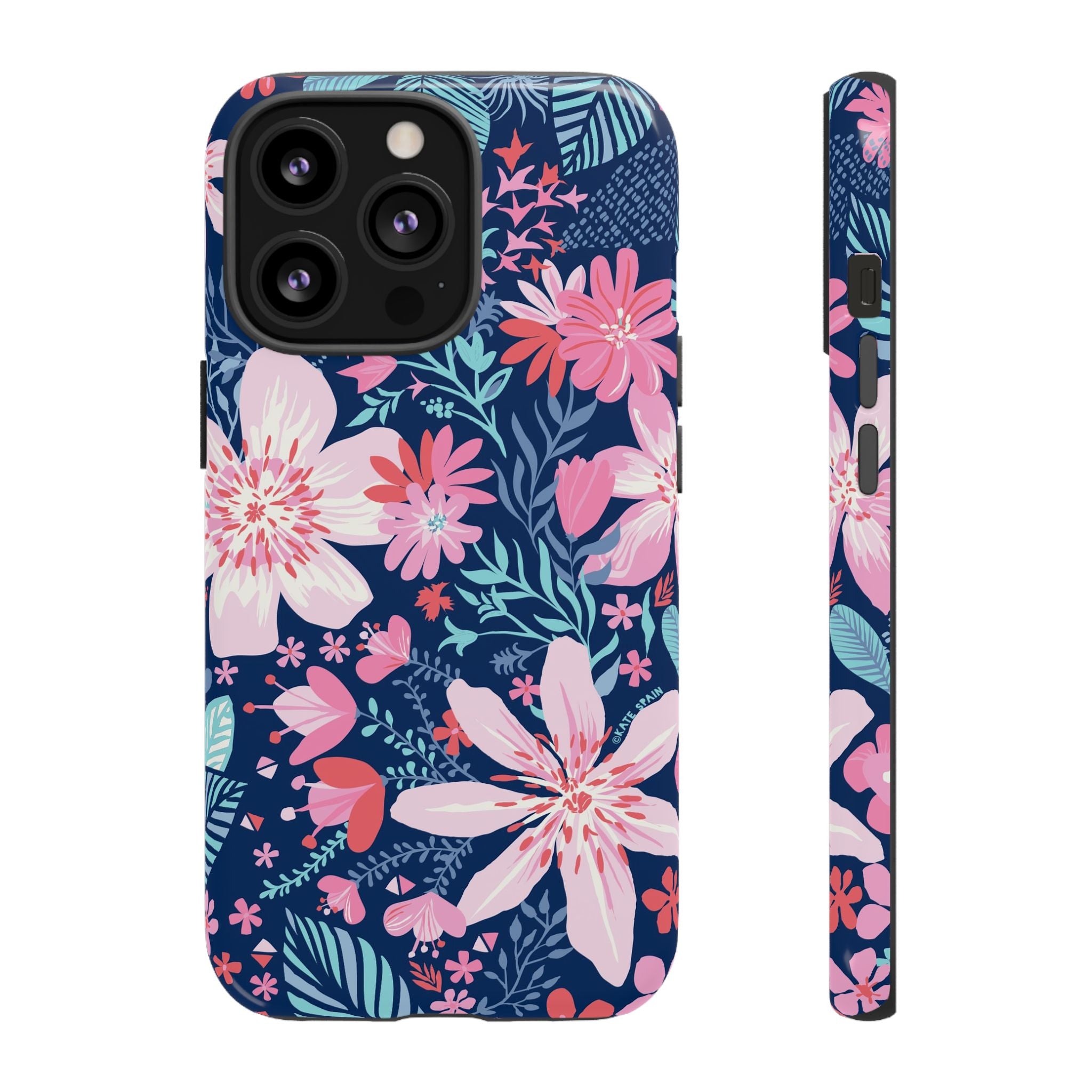 Bonaire Tough iPhone 13 Pro Case – Glossy | navy, pink, white tropical floral botanical print