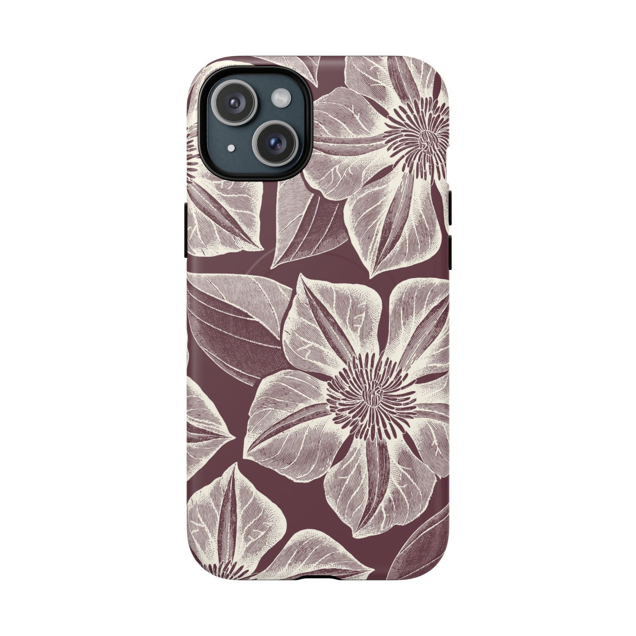 Vintage Bloom Burgundy MagSafe iPhone 15 Plus Case – Glossy | burgundy ground, large-scale cream clematis print, engraved petal detail, dual-layer protection