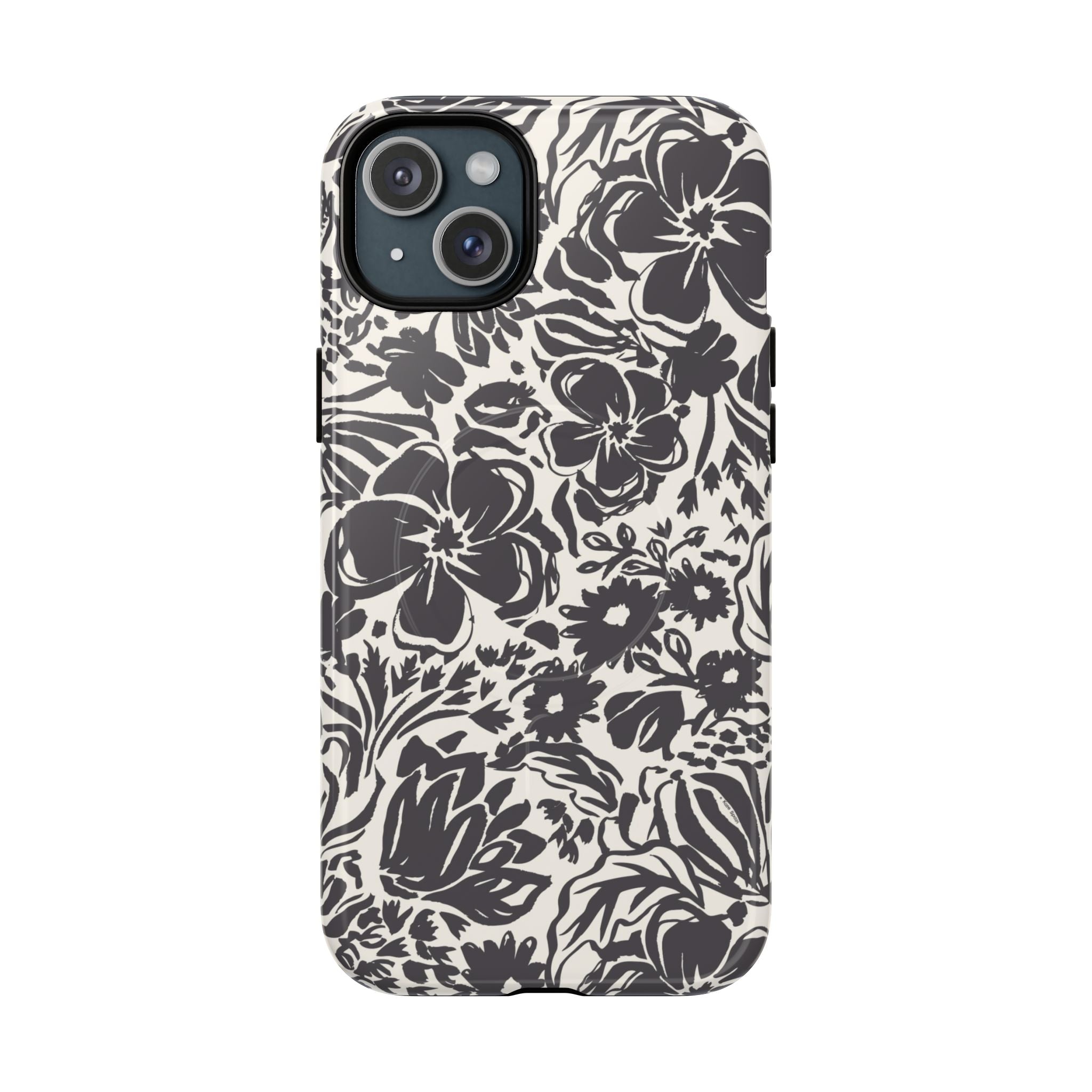 Rhapsody Black MagSafe iPhone 15 Plus Glossy case — bold charcoal floral print on cream by Kate Spain