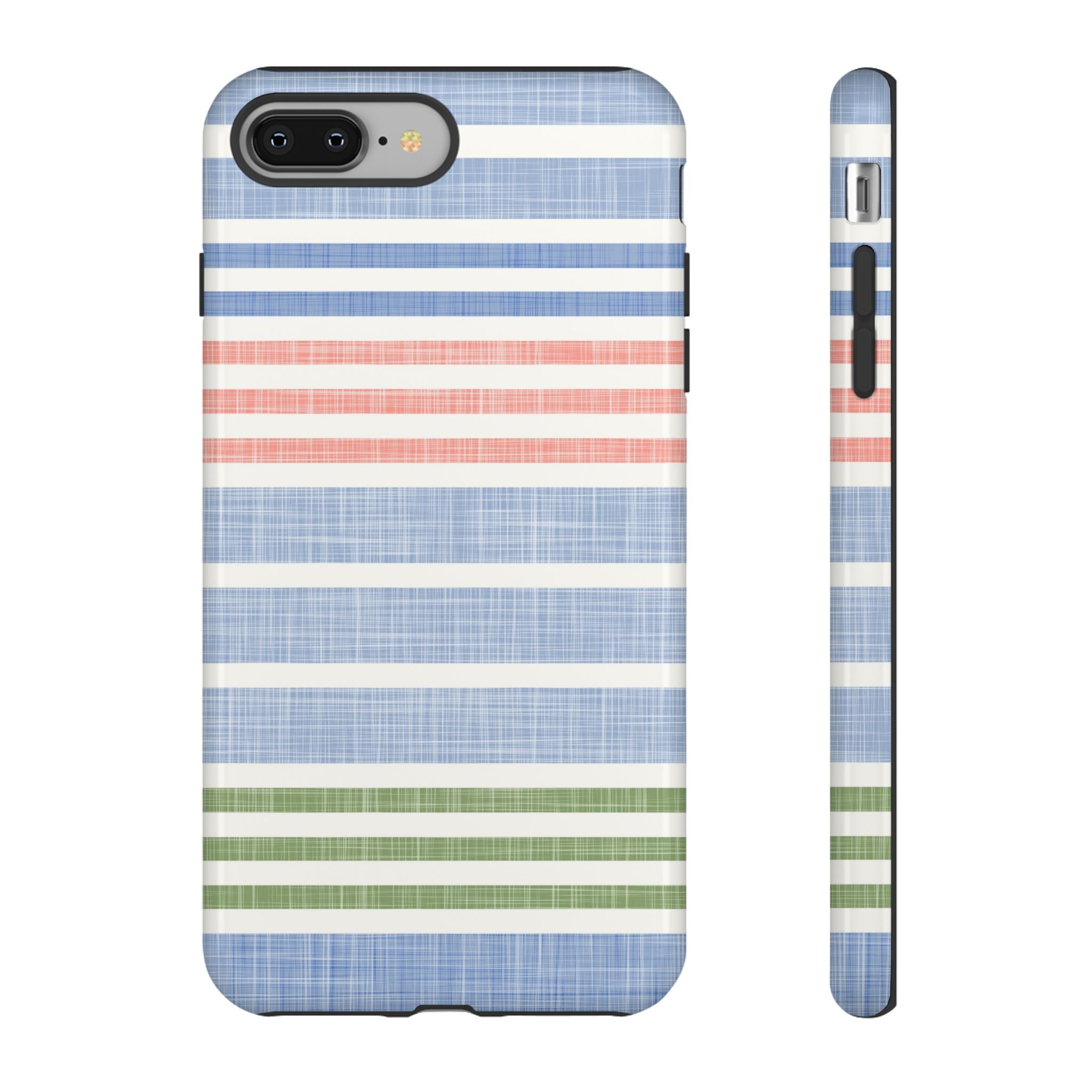 Cabana Stripe Pastel Tough iPhone 8 Plus Case – Glossy | soft blue, coral, sage green chambray-textured stripe print dual-layer protection