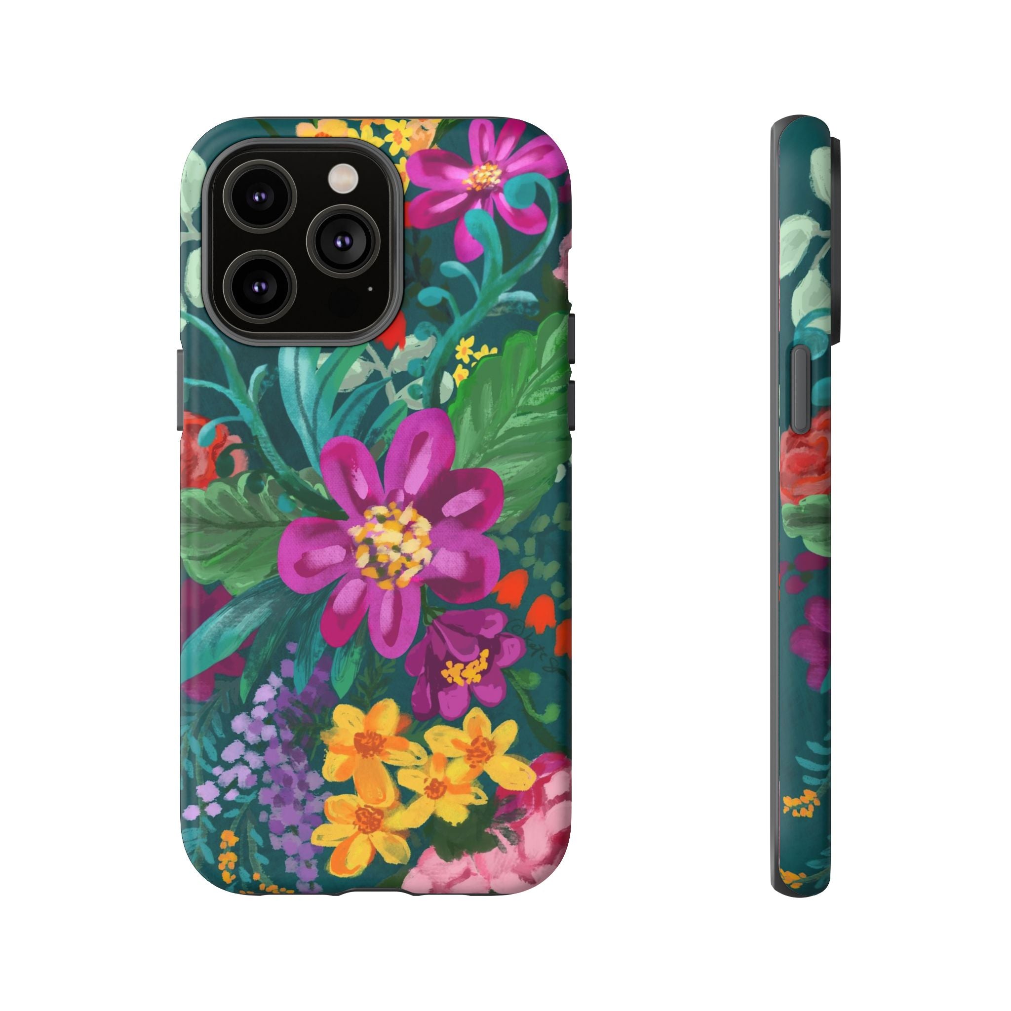 Posy Tough iPhone 14 Pro Max Case – Matte | teal, purple, magenta, yellow botanical wildflower print