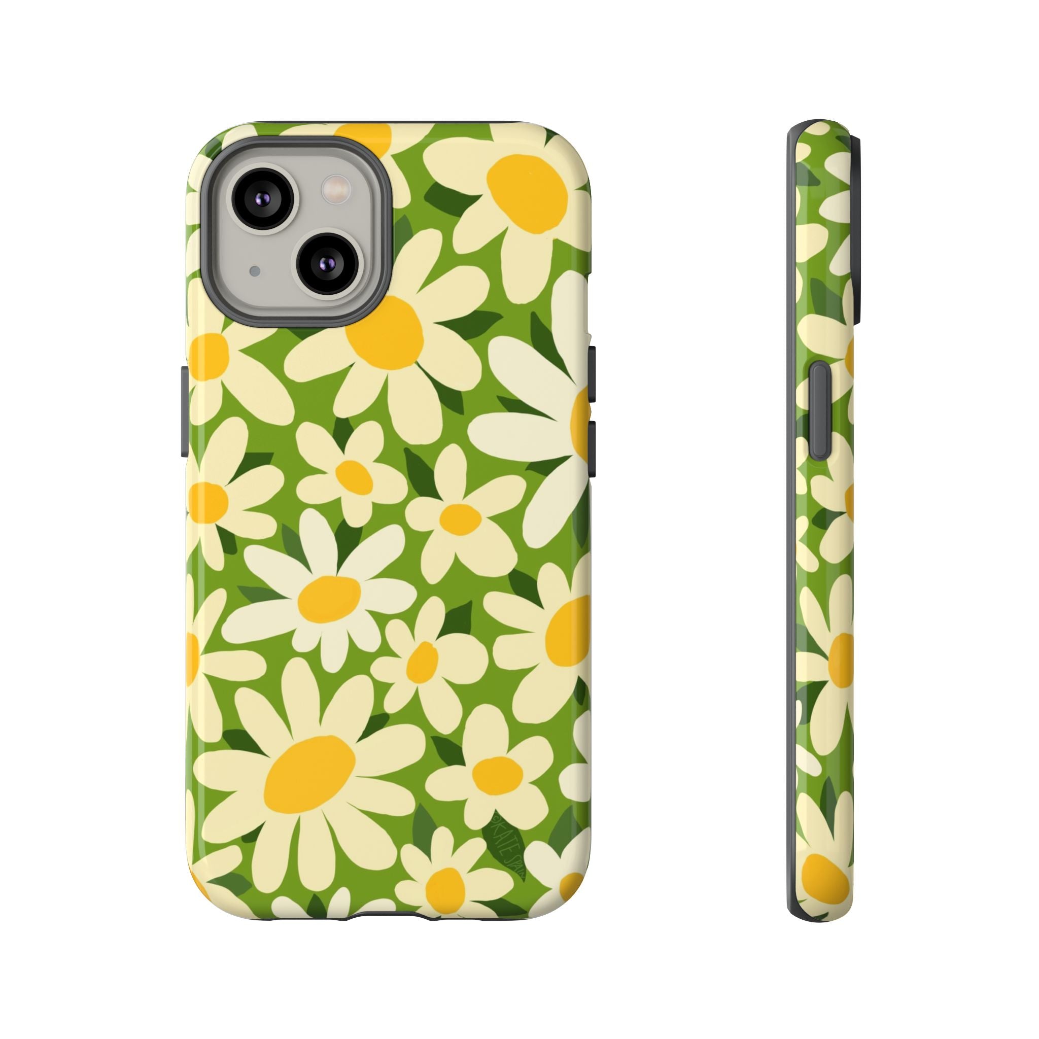 Shasta Daisy Tough iPhone 14 Case – Glossy | green, white, yellow daisy floral print