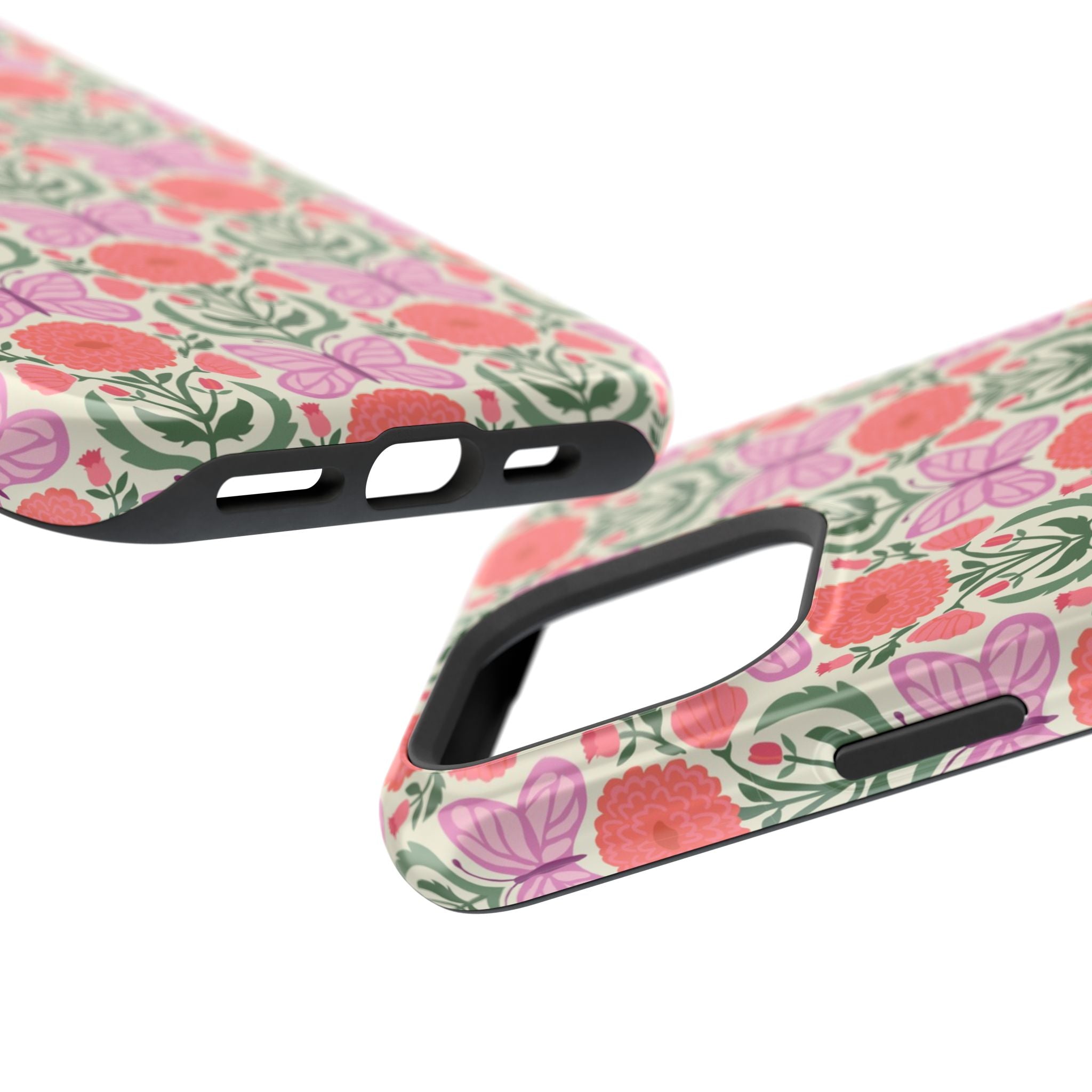 Pink Butterfly MagSafe iPhone 16 Pro Max Case – detail of camera cutout and ports in case | cream, coral, lavender, green butterfly floral print