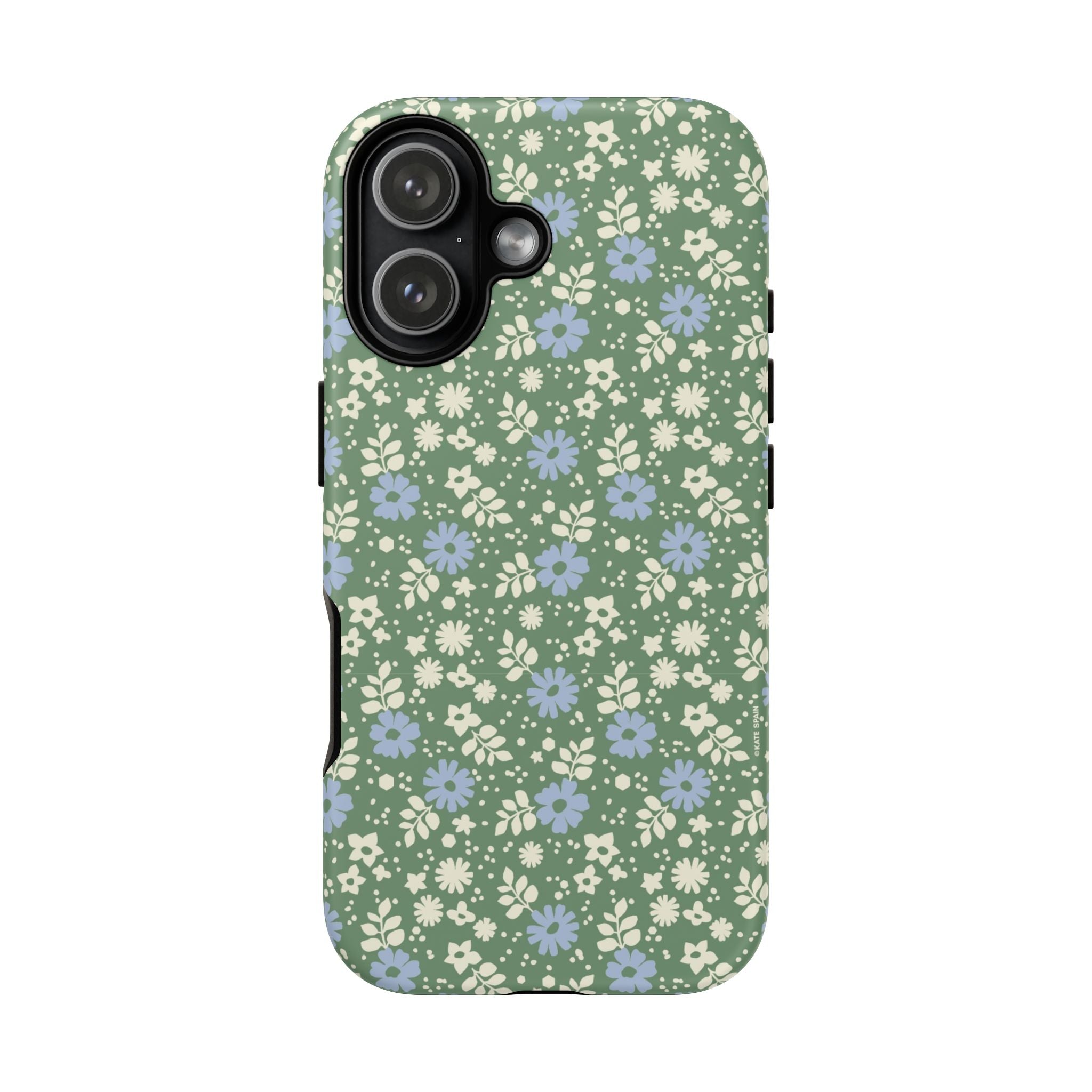 Petaline Tough iPhone 17 Case – Glossy | green, blue, cream ditsy floral print