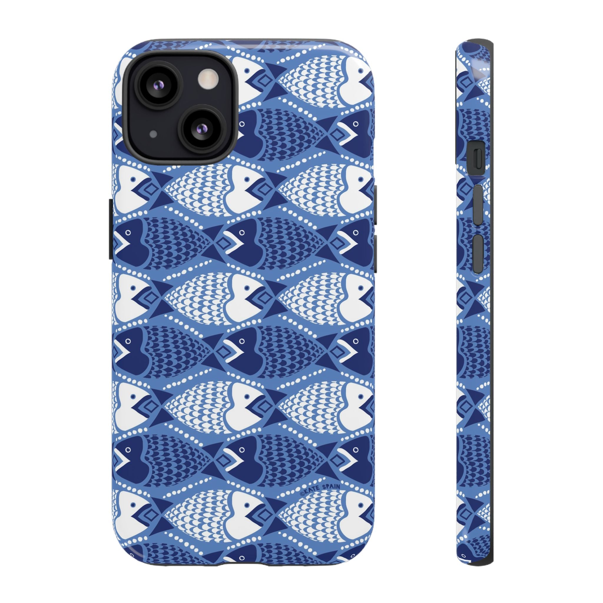 Catch of the Day Tough iPhone 13 Case – Matte | navy, blue, white geometric fish print