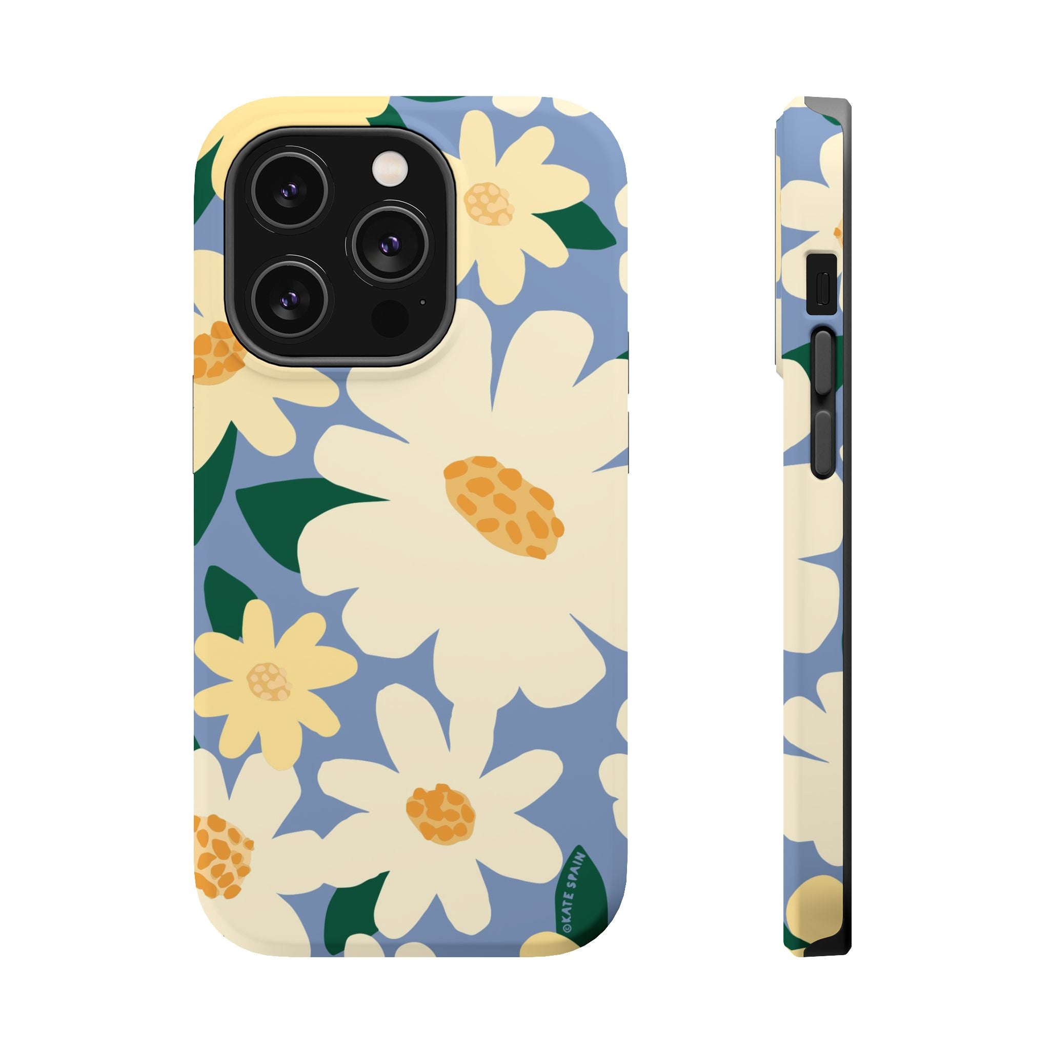Chamomile MagSafe iPhone 14 Pro Case – Matte | periwinkle, cream, yellow botanical daisy floral print MagSafe compatible, dual-layer protection