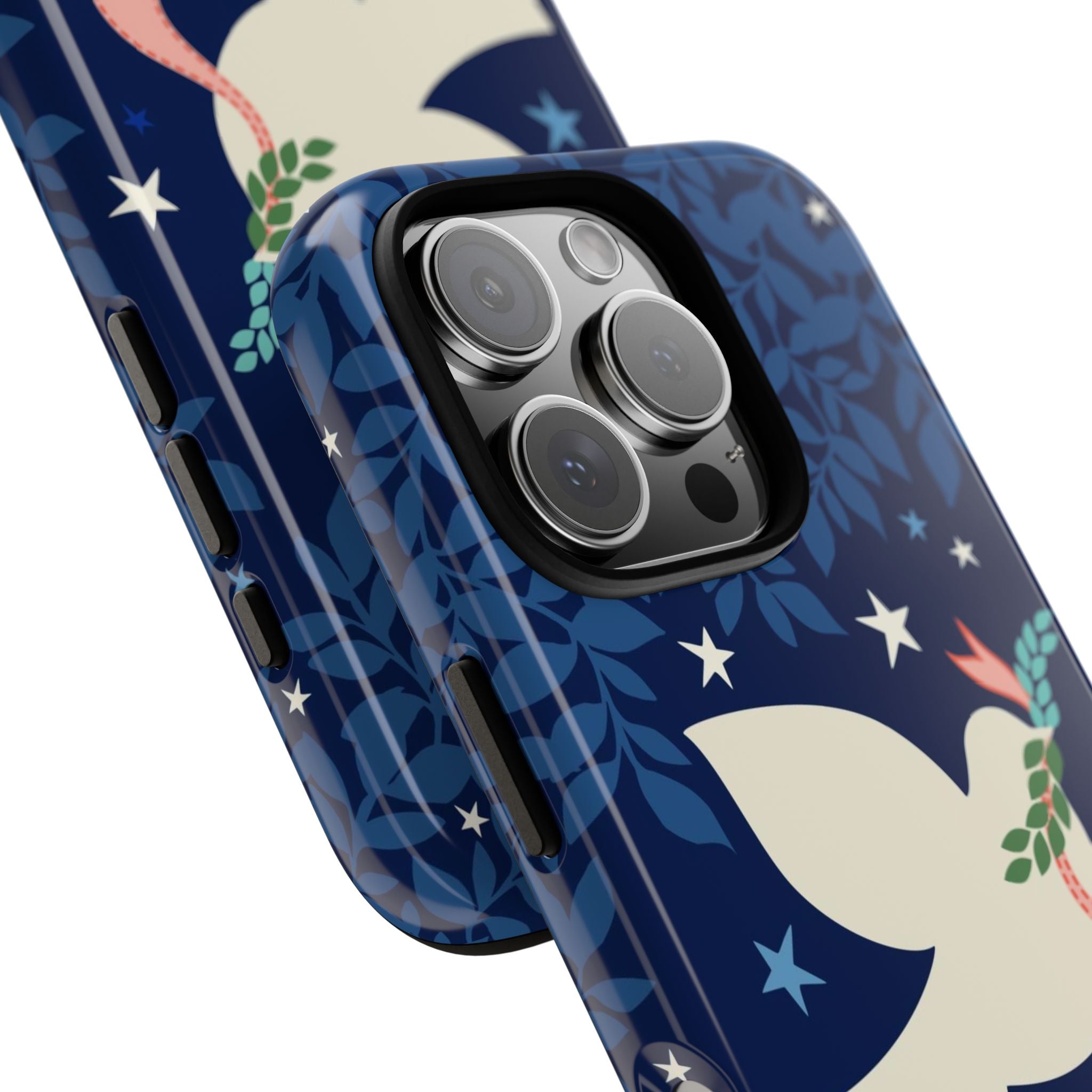 Peace Tough iPhone 16 Pro Max Case – lifestyle/angled shot | navy, cream peace dove, stars, botanical print