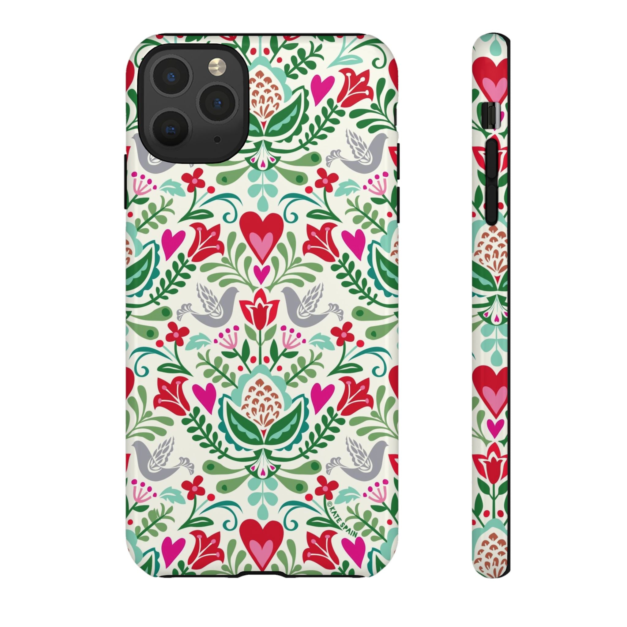 Rosemaling Tough iPhone 11 Pro Max Case – Glossy | cream, red, pink, green, gray folk art floral bird print