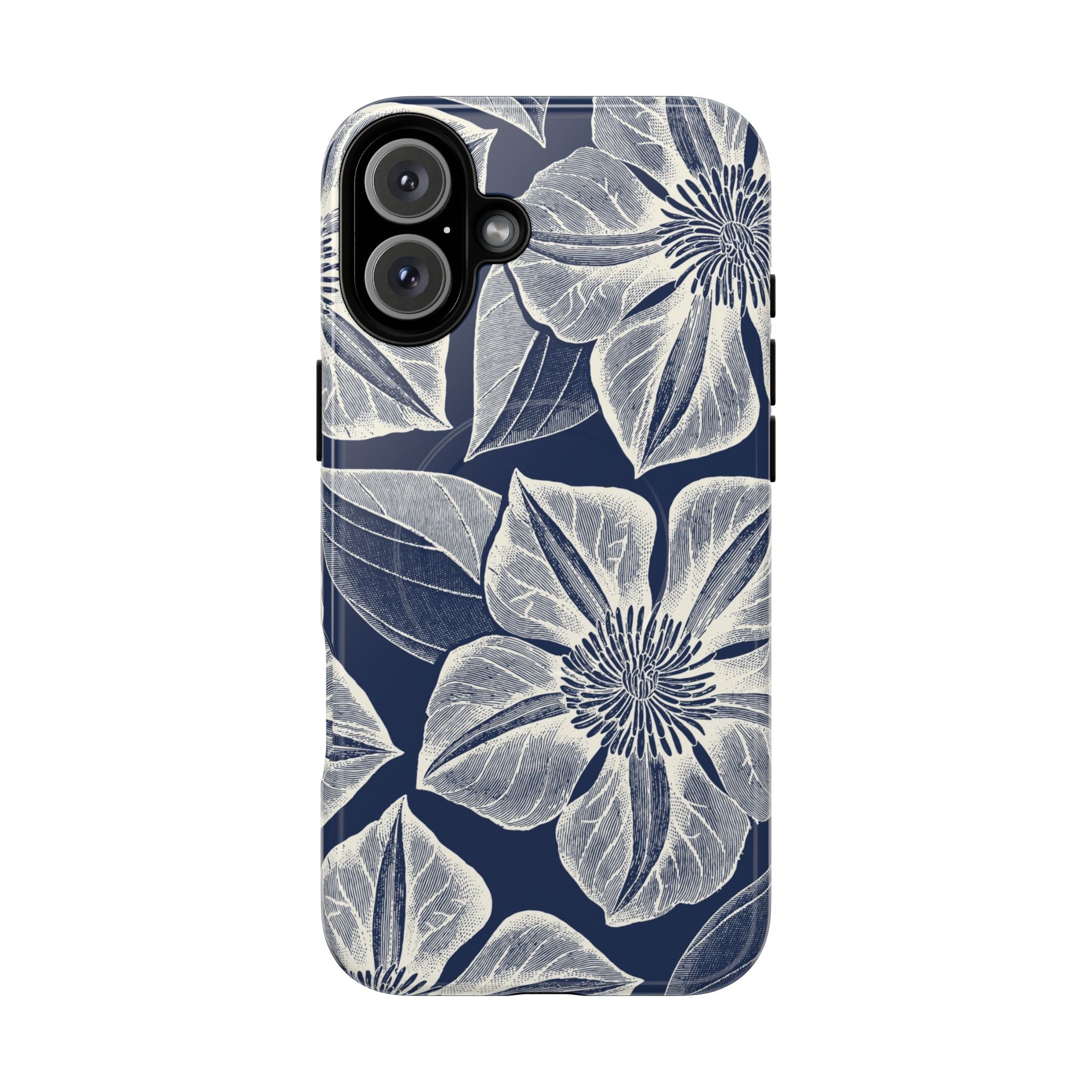 Vintage Bloom Navy MagSafe iPhone 16 Plus Case – Matte | navy ground, large-scale white clematis print, engraved petal detail, dual-layer protection
