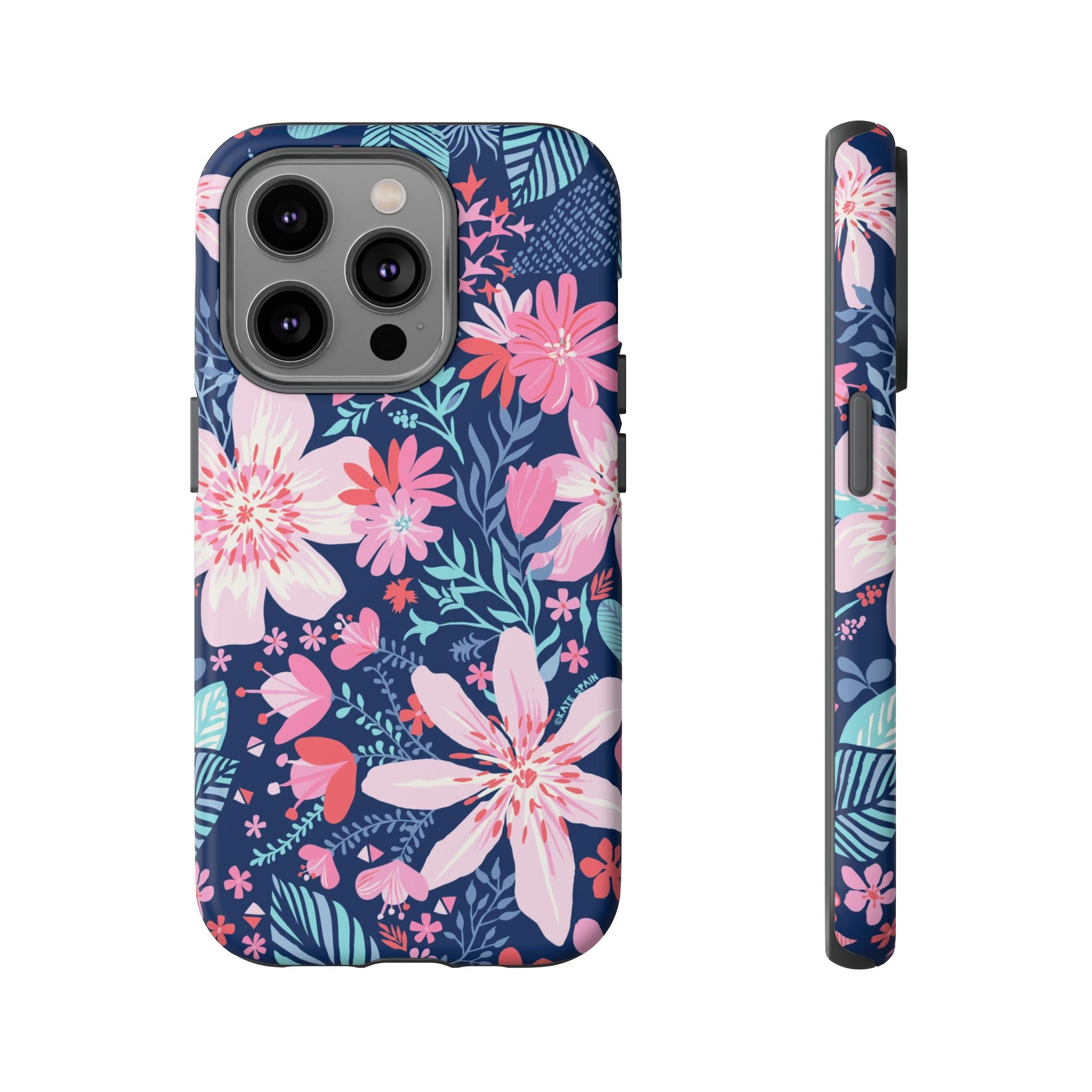 Bonaire Tough iPhone 14 Pro Case – Matte | navy, pink, white tropical floral botanical print