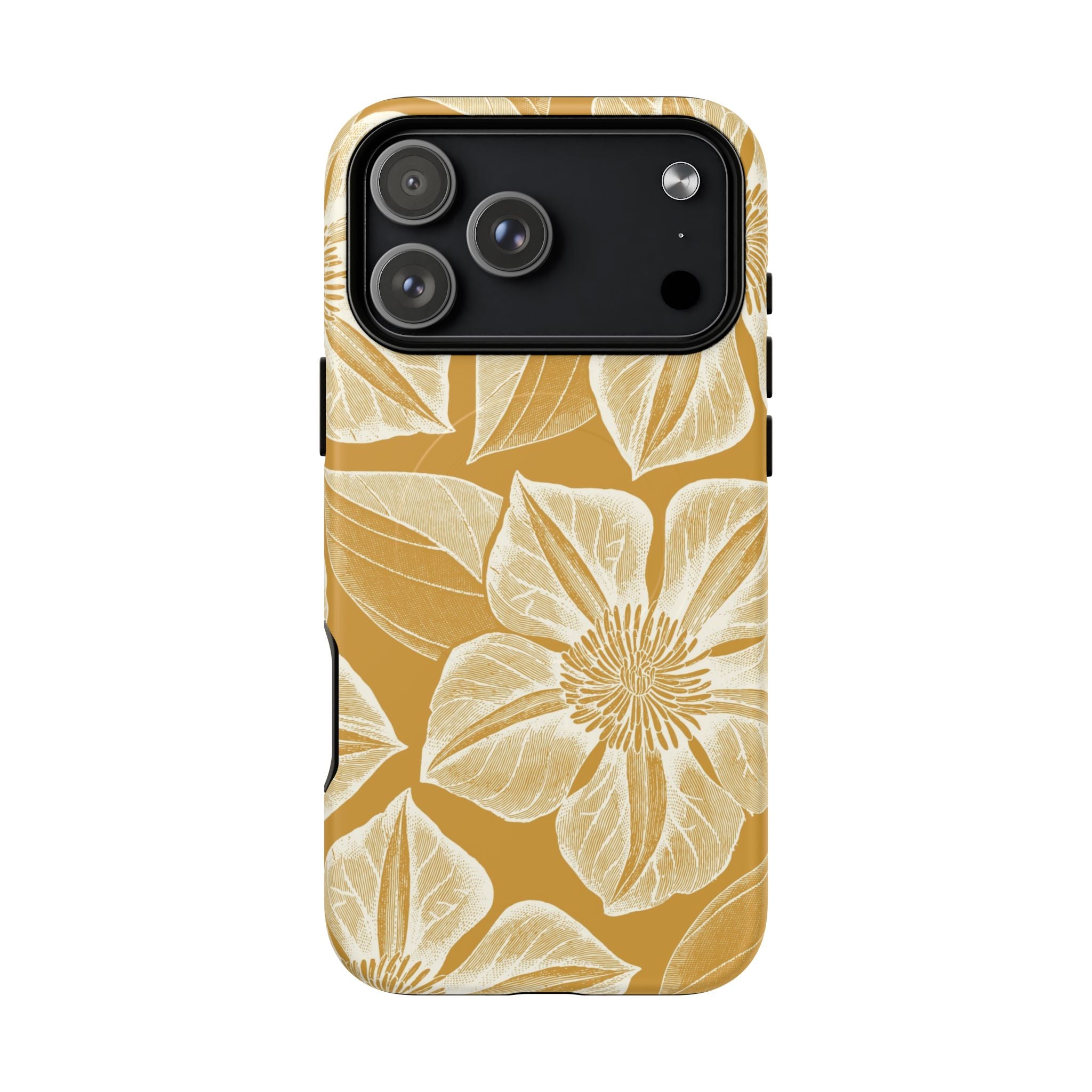 Vintage Bloom Gold MagSafe iPhone 17 Pro Max Case – Matte | warm gold ground, large-scale cream clematis print, engraved petal detail, dual-layer protection