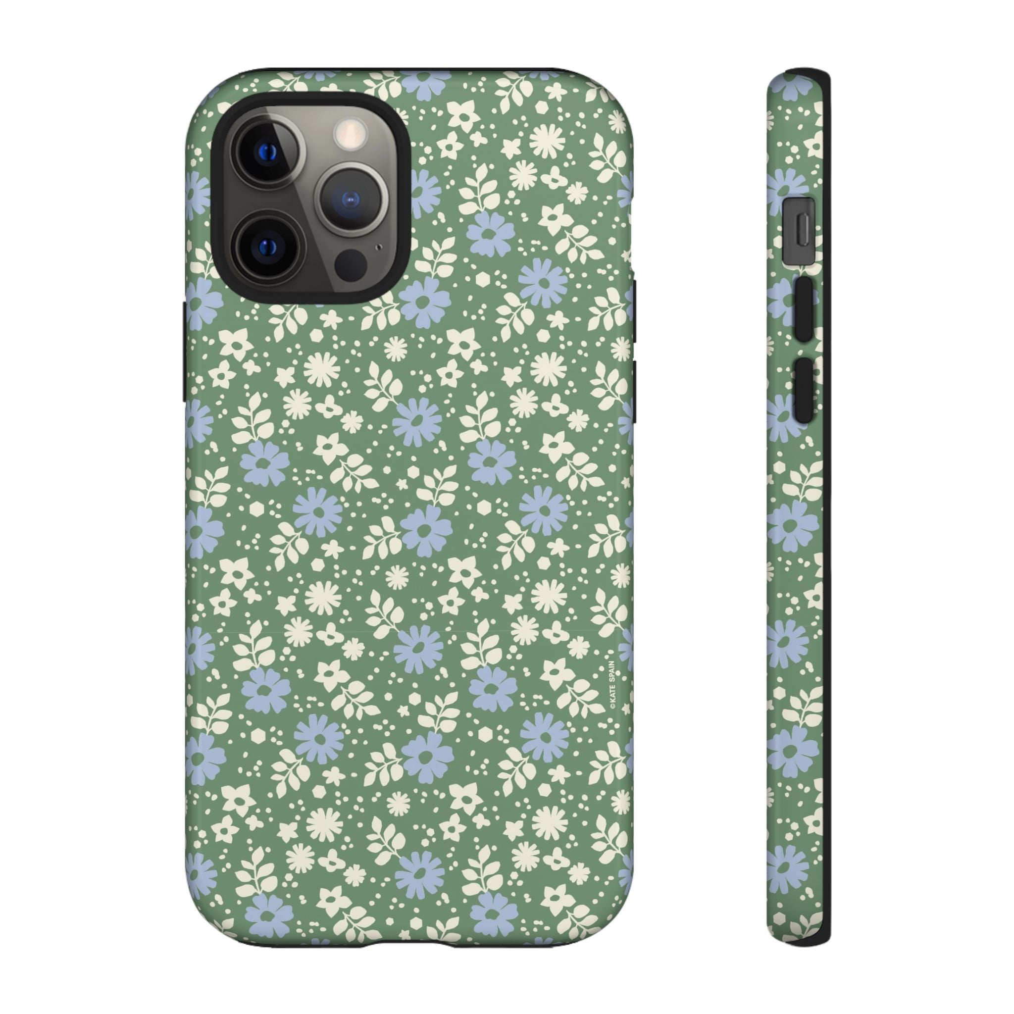 Petaline Tough iPhone 12 Pro Case – Glossy | green, blue, cream ditsy floral print