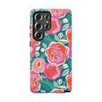Luxury Tea Rose Teal Samsung Galaxy S25 Ultra Case – Matte | teal, coral, pink botanical rose floral print
