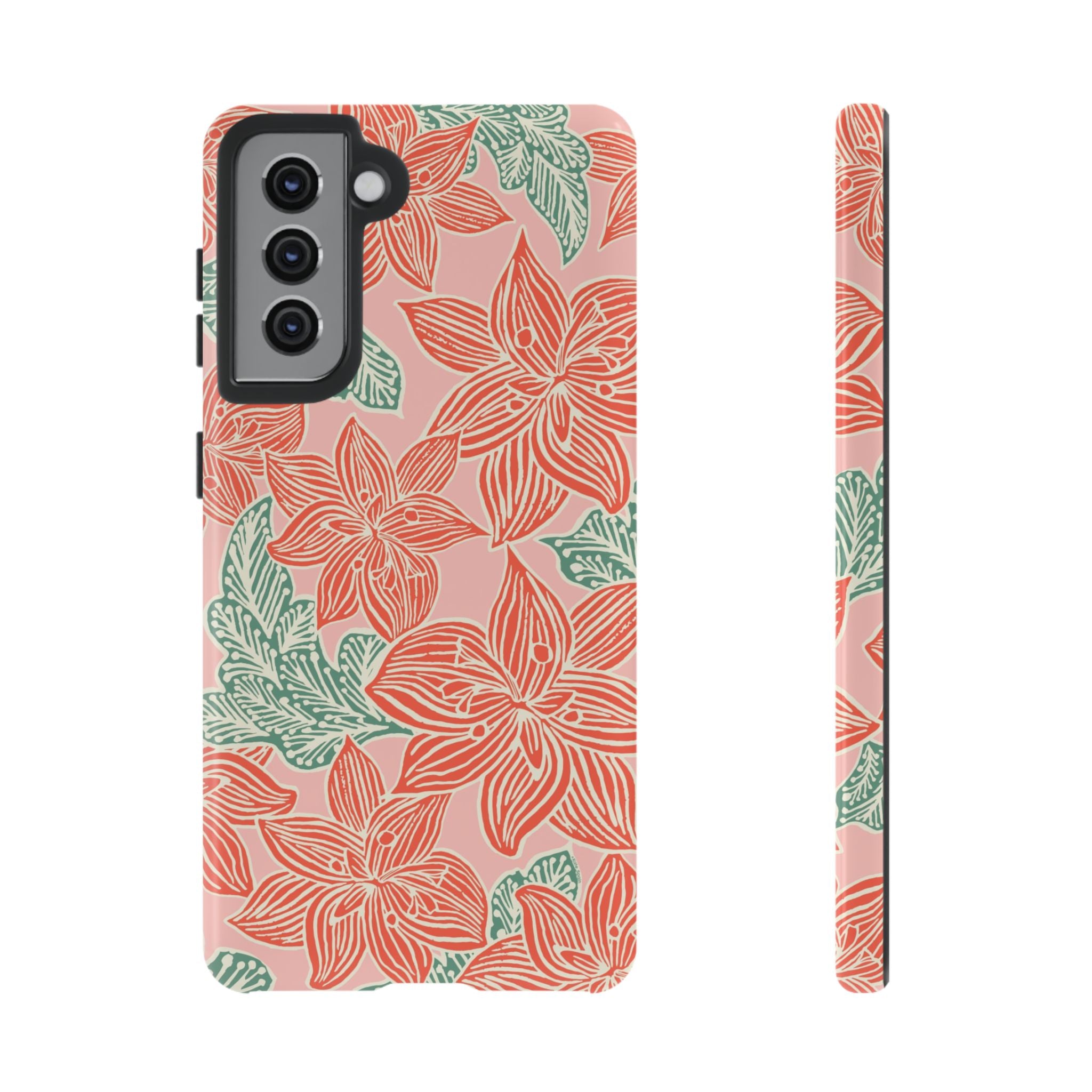 Hibiscus Coral Samsung Galaxy S21 Glossy Case — blush pink hard case with large-scale coral red hibiscus flowers and teal-green leaves in a bold botanical linework print, densely layered across the surface