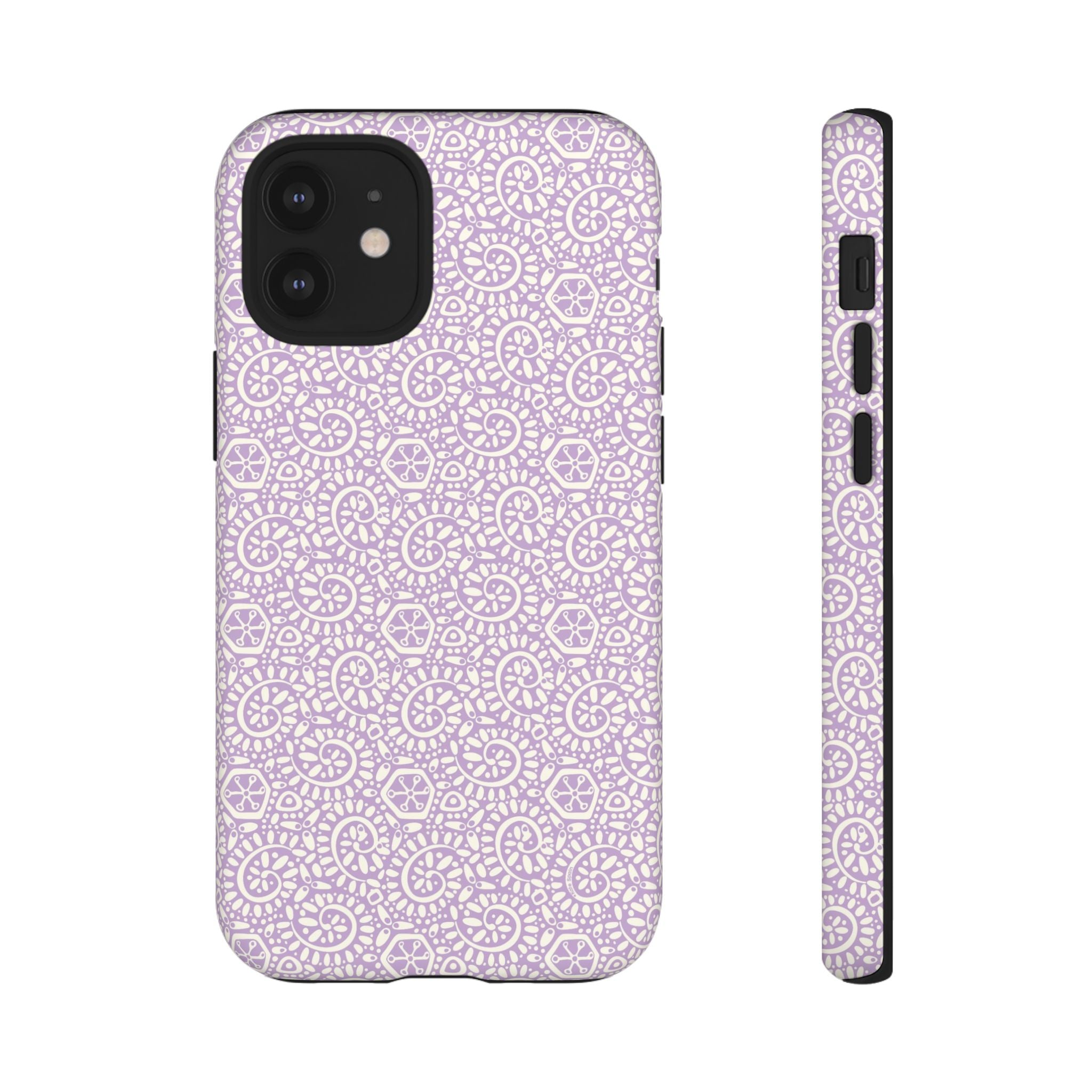 Canto Swirls Lavender iPhone 12 Mini Matte Case — lavender hard case covered in an intricate folk-art medallion pattern of radiating circular motifs, dot clusters, and geometric centers