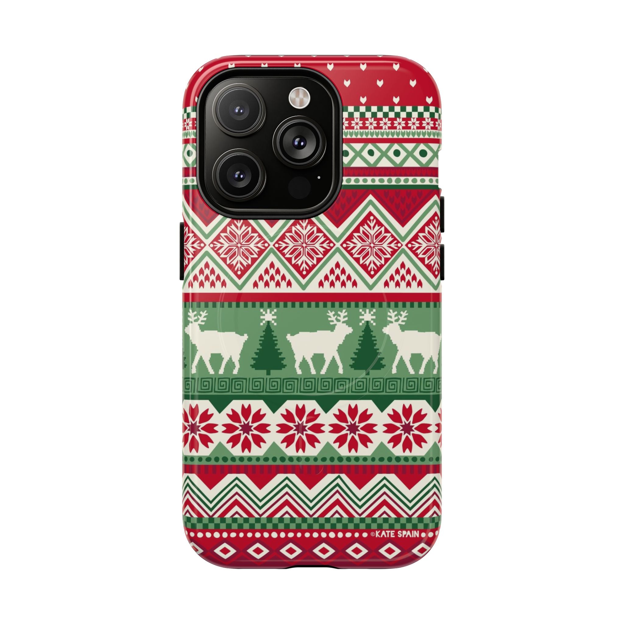 Telemark MagSafe iPhone 14 Pro Case – Glossy | red, green, and cream fair isle Christmas sweater print with snowflakes, reindeer, and trees